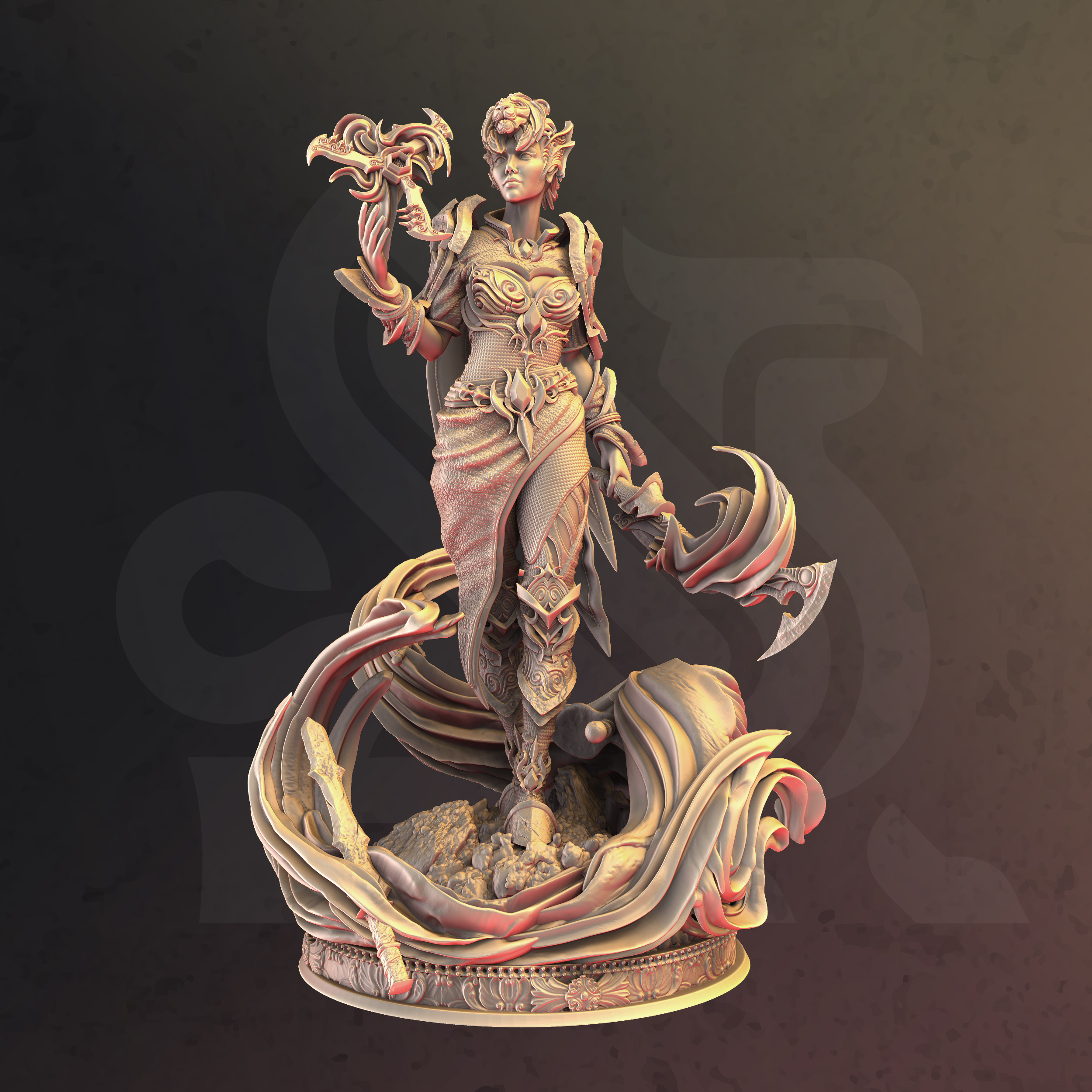 Unpainted resin miniature of Rylena, an elf fighter/ranger, on a round base
