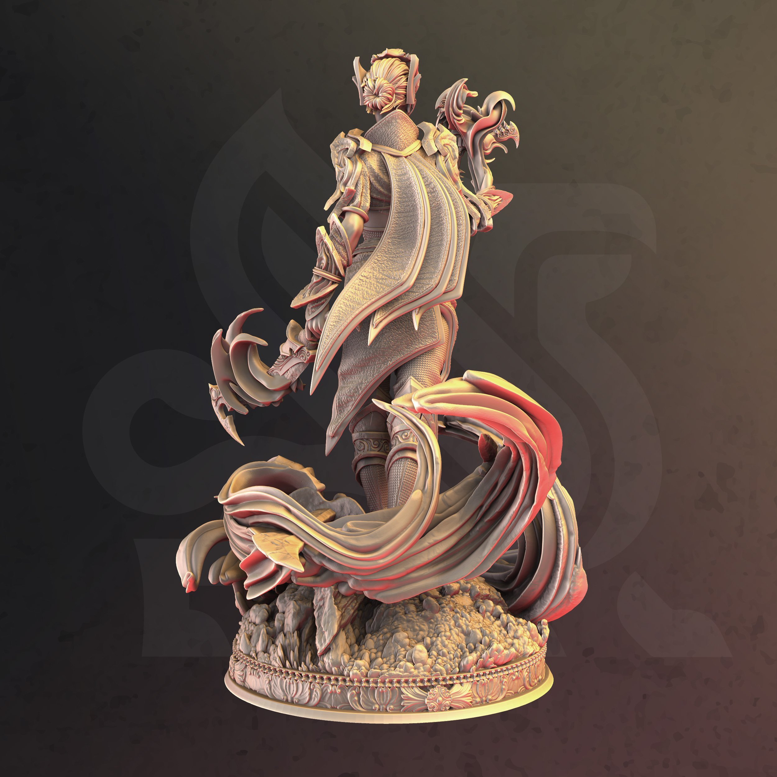 Unpainted resin miniature of Rylena, an elf fighter/ranger, on a round base — view 2 of 3