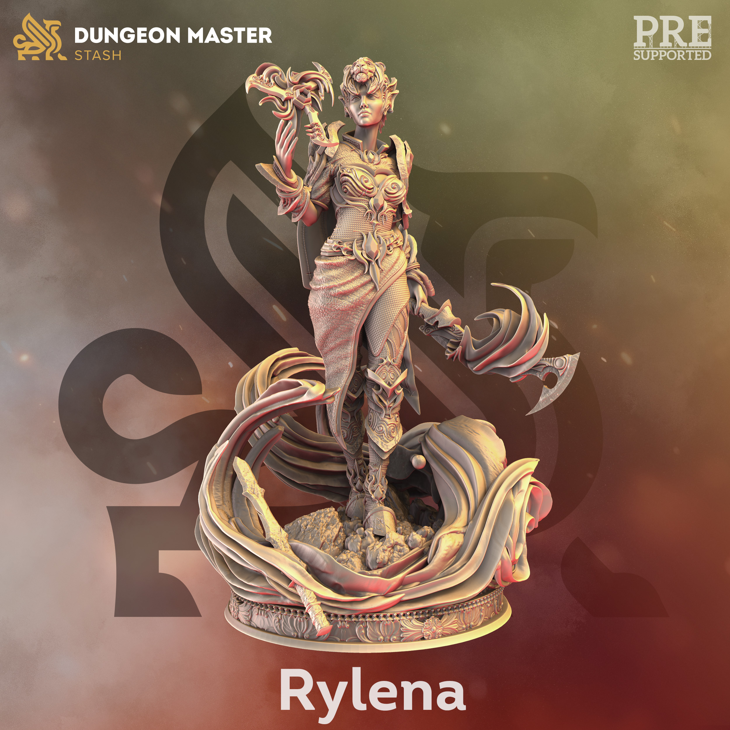 Unpainted resin miniature of Rylena, an elf fighter/ranger, on a round base — view 3 of 3