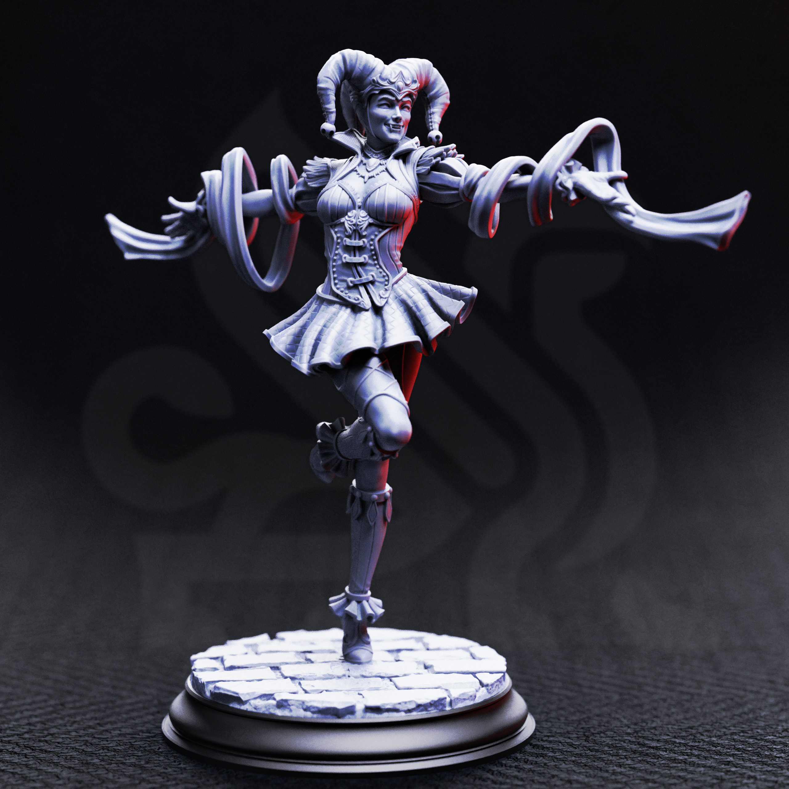 Unpainted resin miniature of Sanguine, a human/vampire bard, on a round base