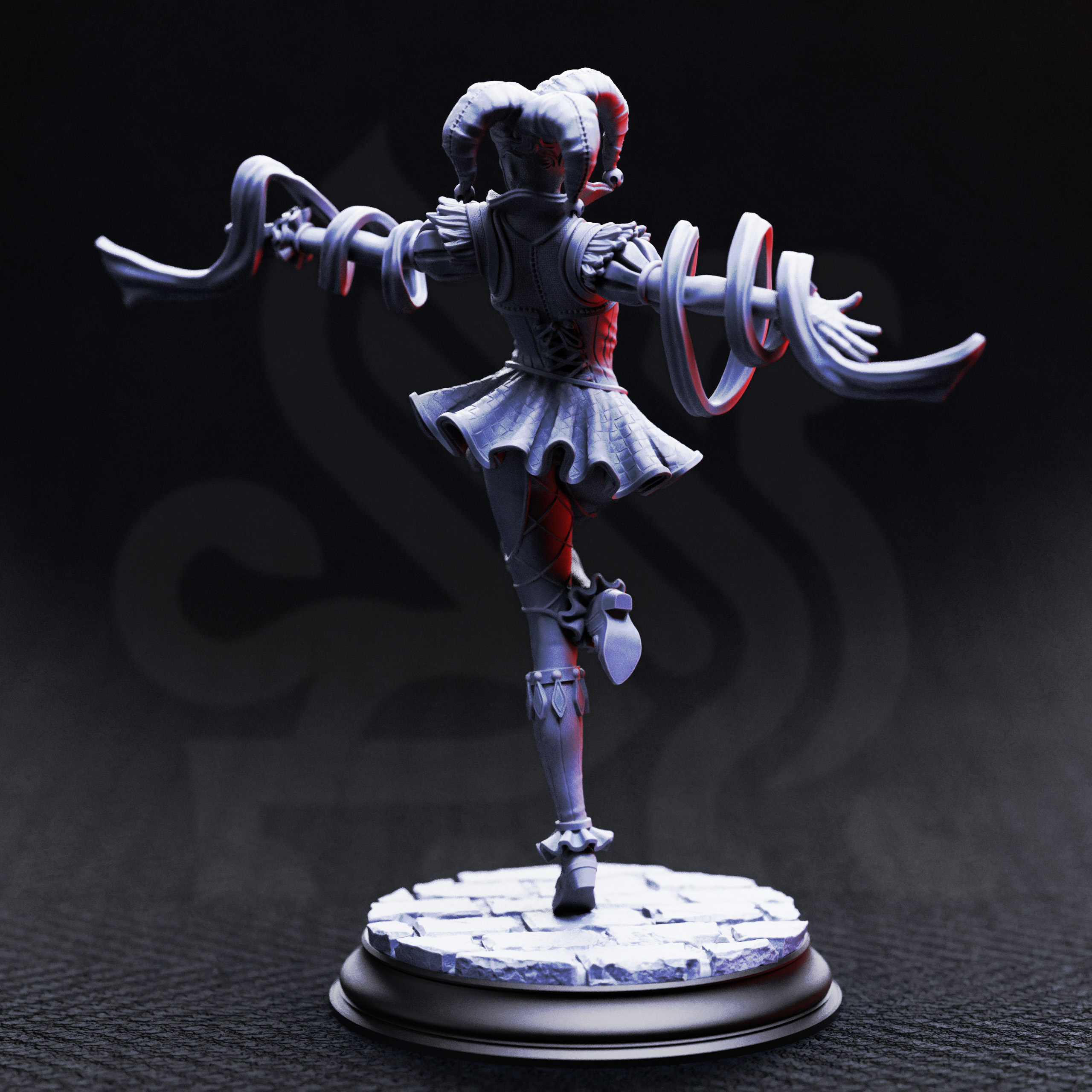 Unpainted resin miniature of Sanguine, a human/vampire bard, on a round base — view 3 of 4
