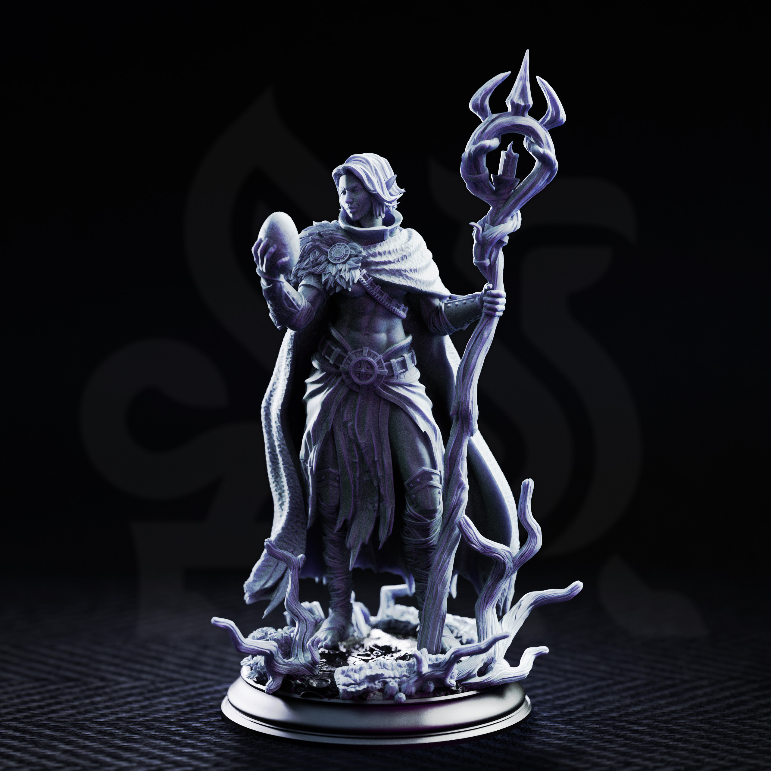 Unpainted resin miniature of Saratha the Watchful, priestess of the swamp