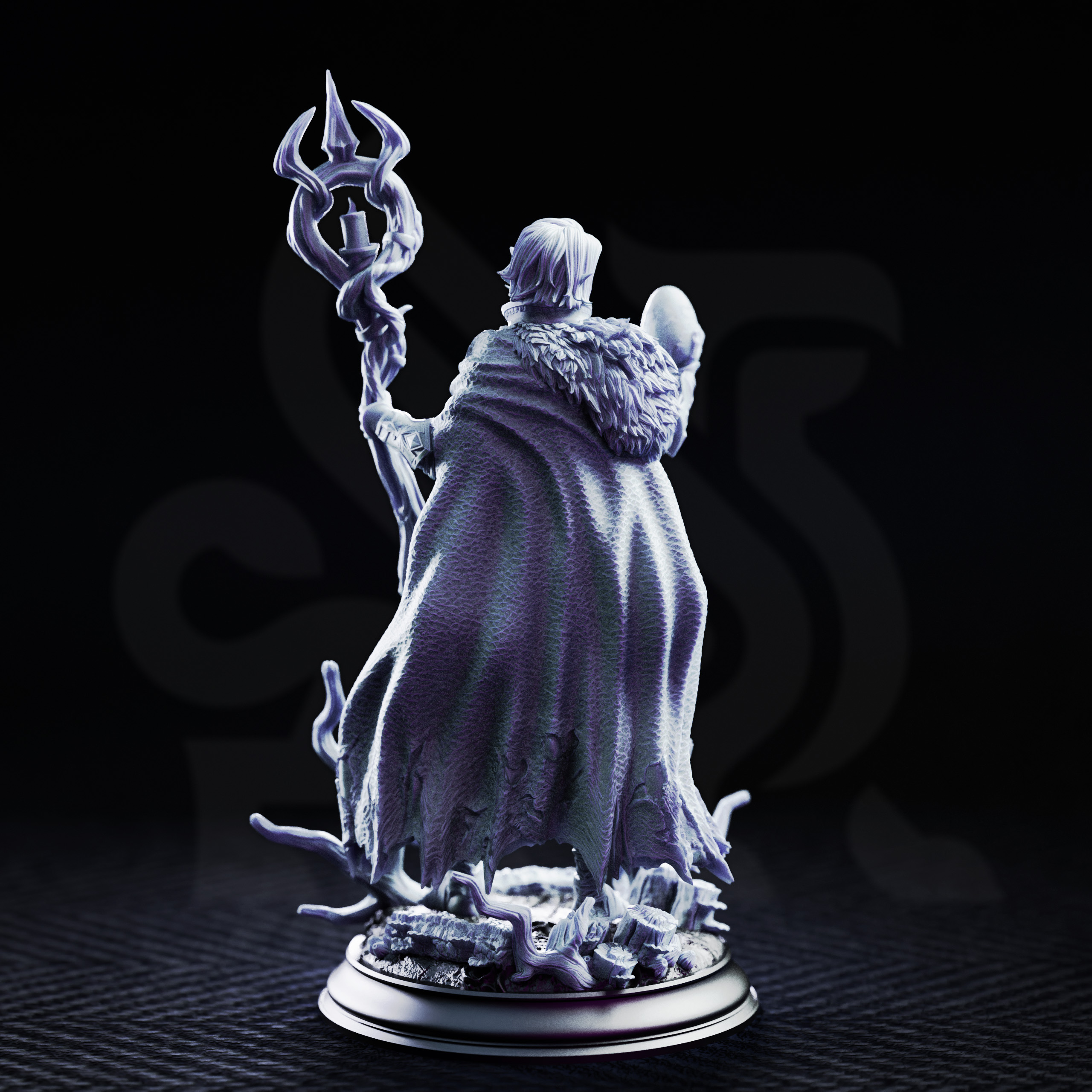 Unpainted resin miniature of Saratha the Watchful, priestess of the swamp — view 3 of 4