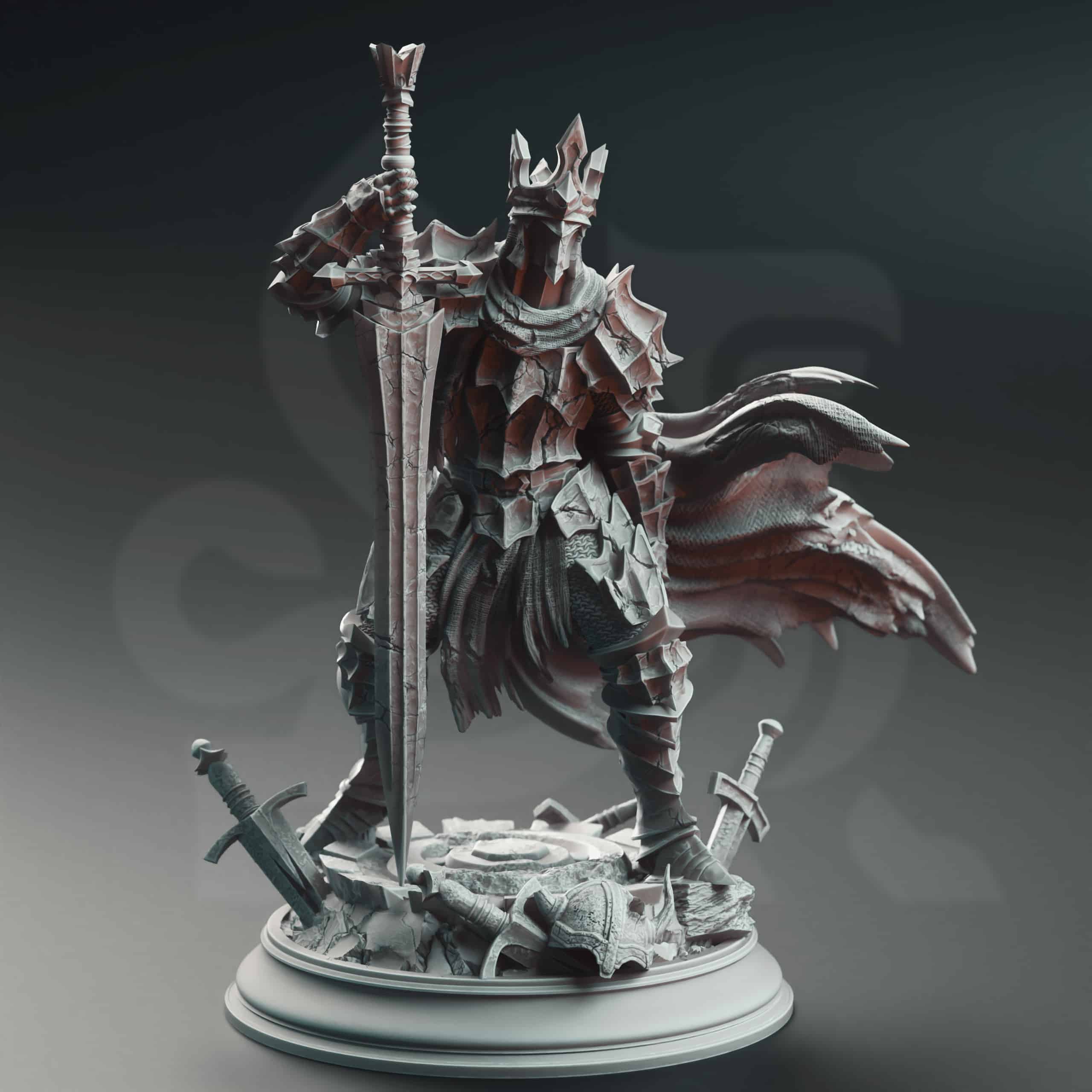 Unpainted resin miniature of Ser Elias the Forgotten, a human fighter/paladin/warlock, on a round base