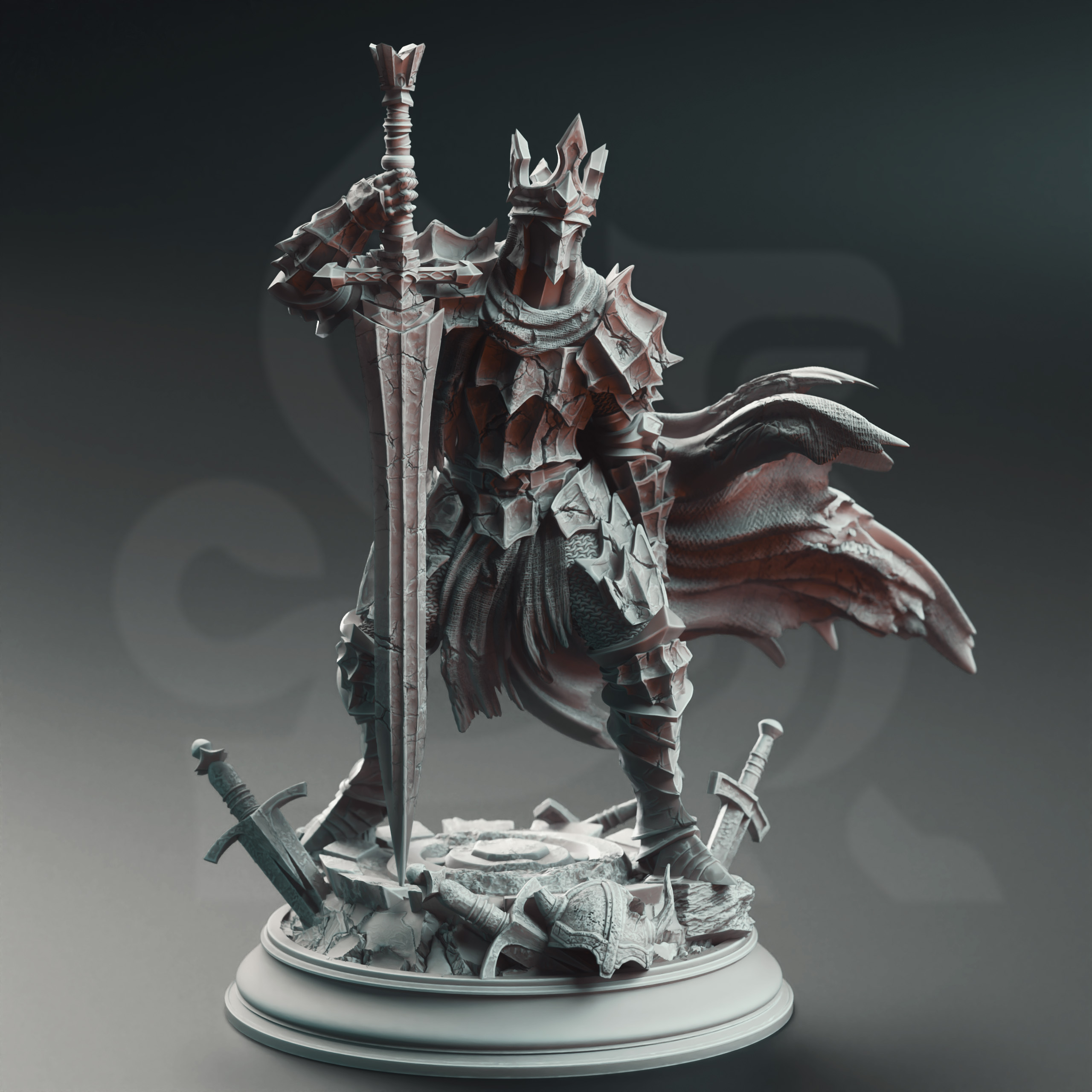 Unpainted resin miniature of Ser Elias the Forgotten, a human fighter/paladin/warlock, on a round base — view 2 of 4