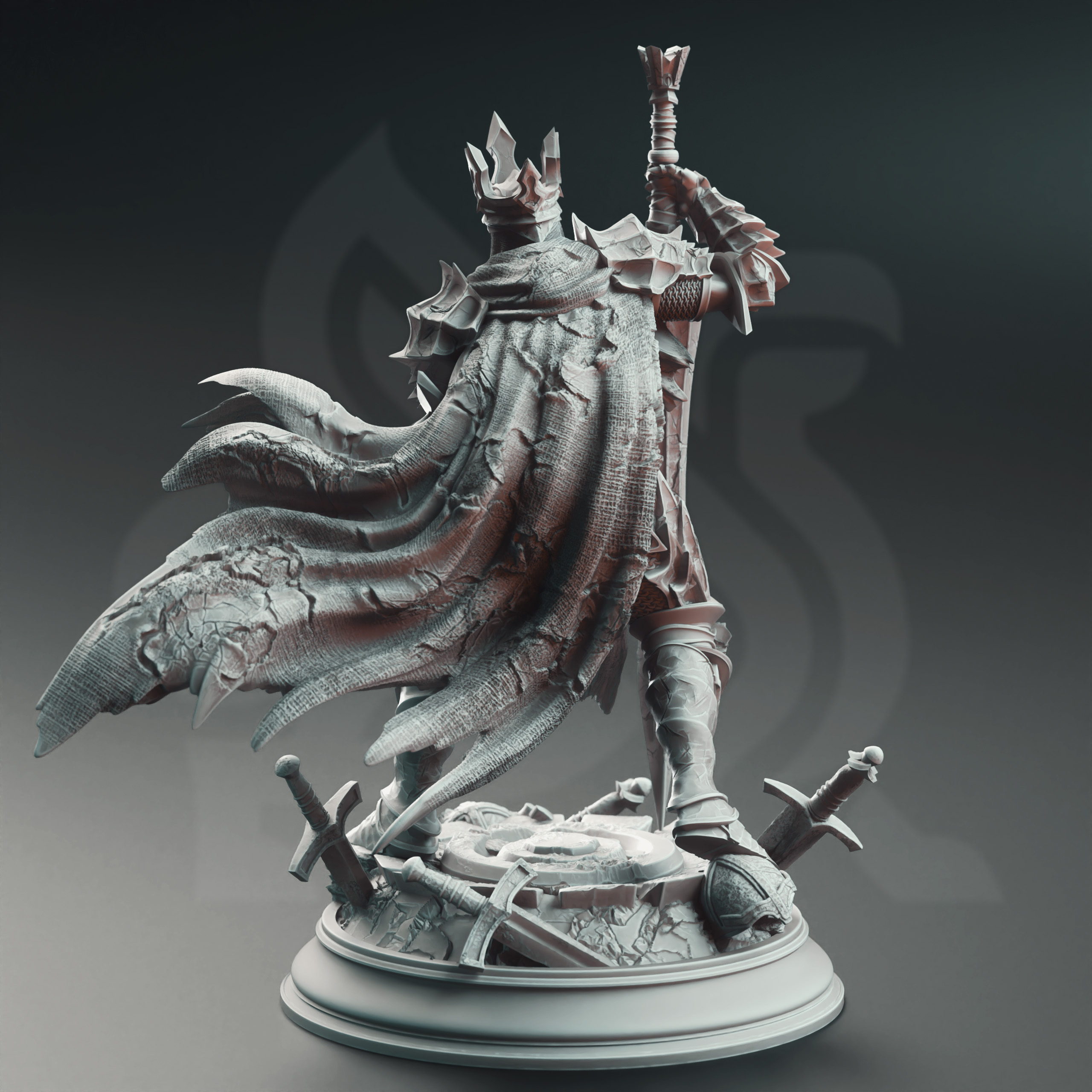 Unpainted resin miniature of Ser Elias the Forgotten, a human fighter/paladin/warlock, on a round base — view 3 of 4
