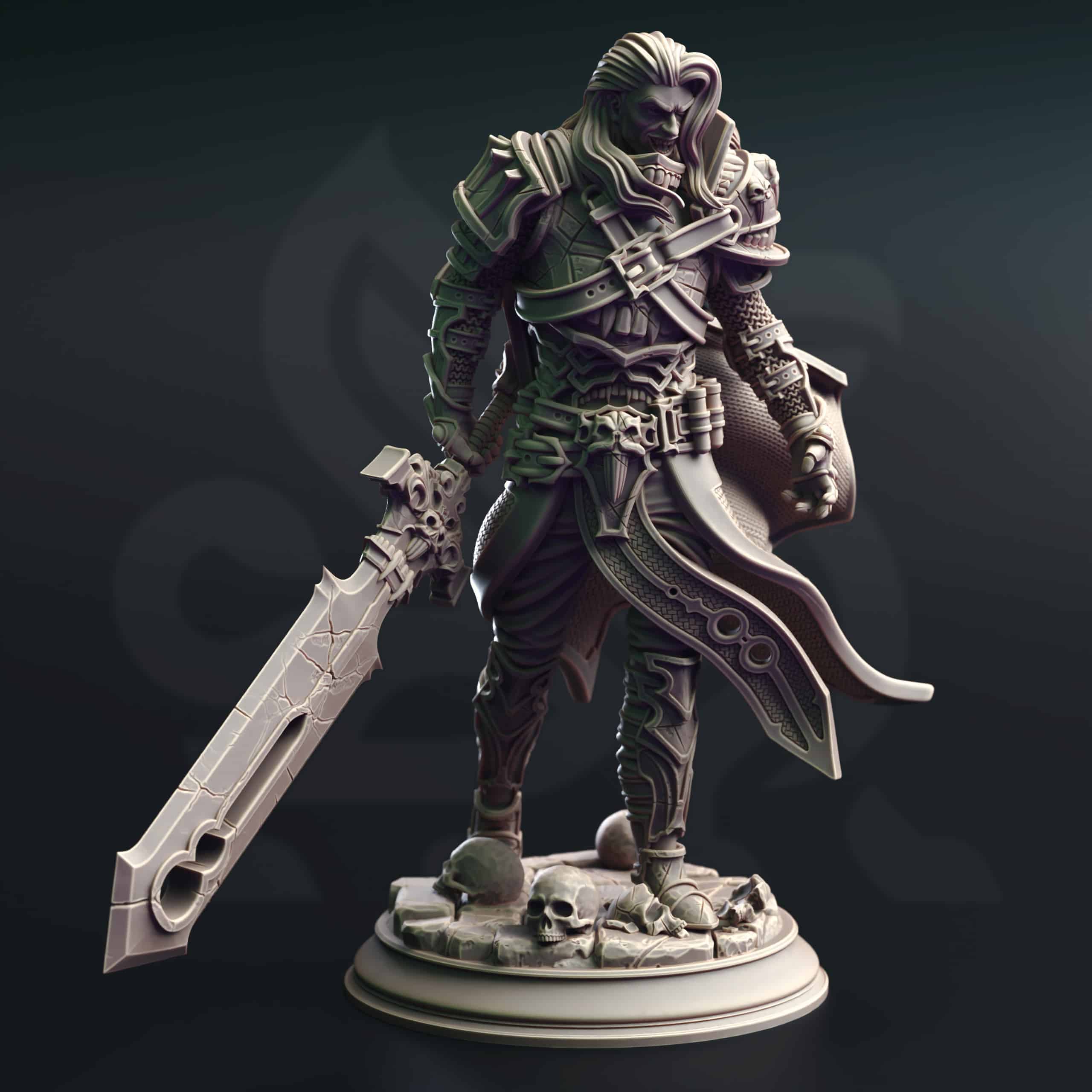 Unpainted resin miniature of Ser Gaston, an elf/vampire fighter/hex hunter, on a round base