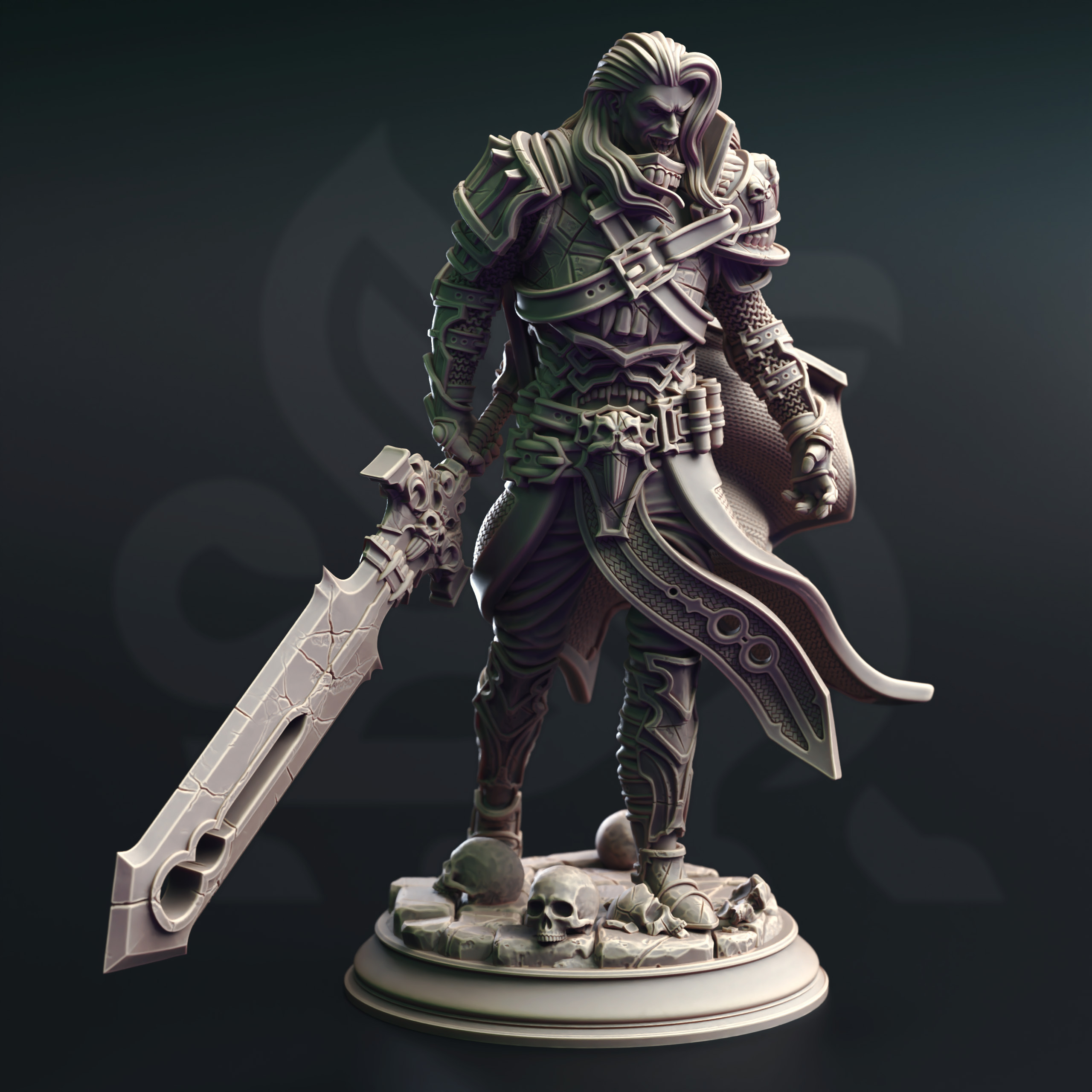 Unpainted resin miniature of Ser Gaston, an elf/vampire fighter/hex hunter, on a round base — view 2 of 4