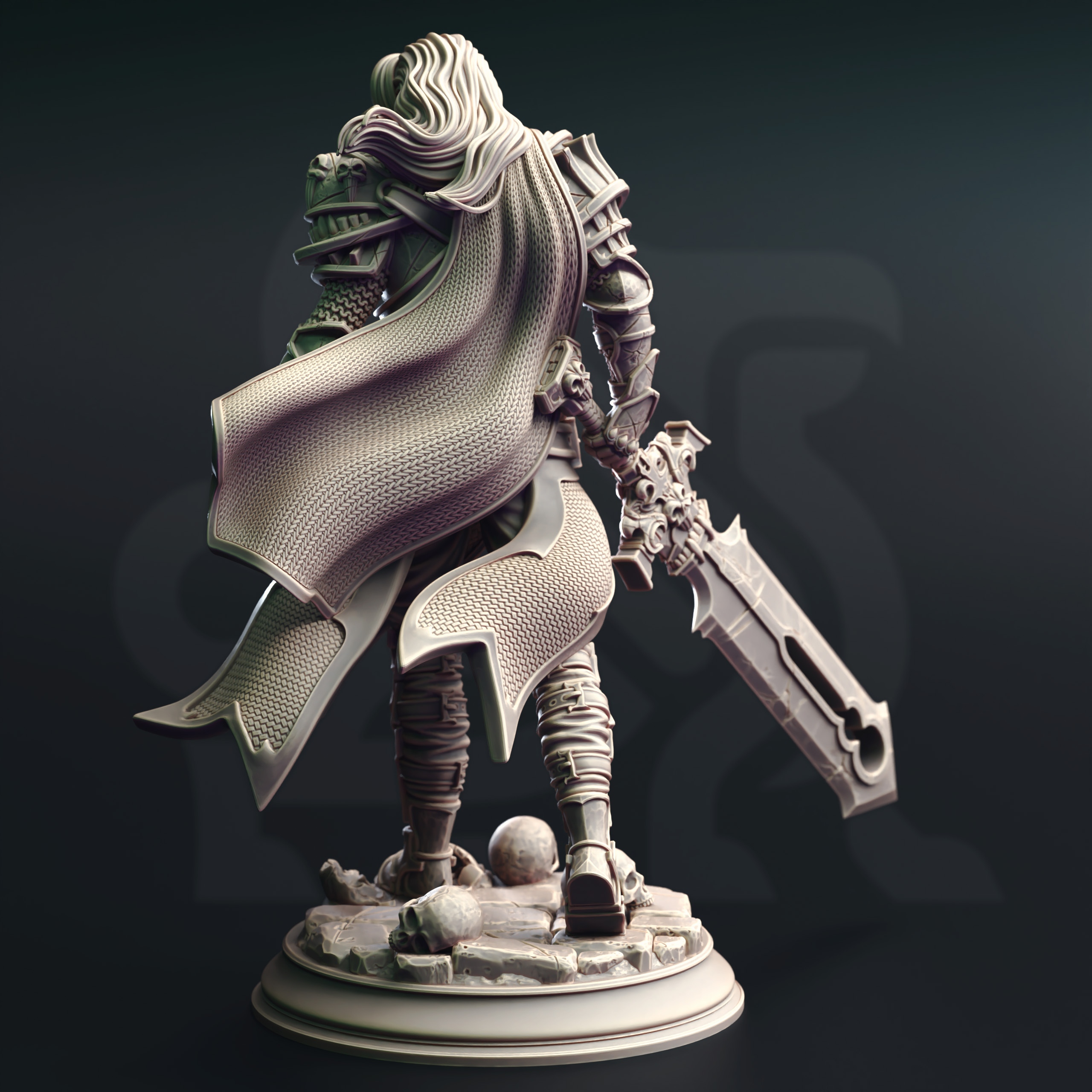 Unpainted resin miniature of Ser Gaston, an elf/vampire fighter/hex hunter, on a round base — view 3 of 4