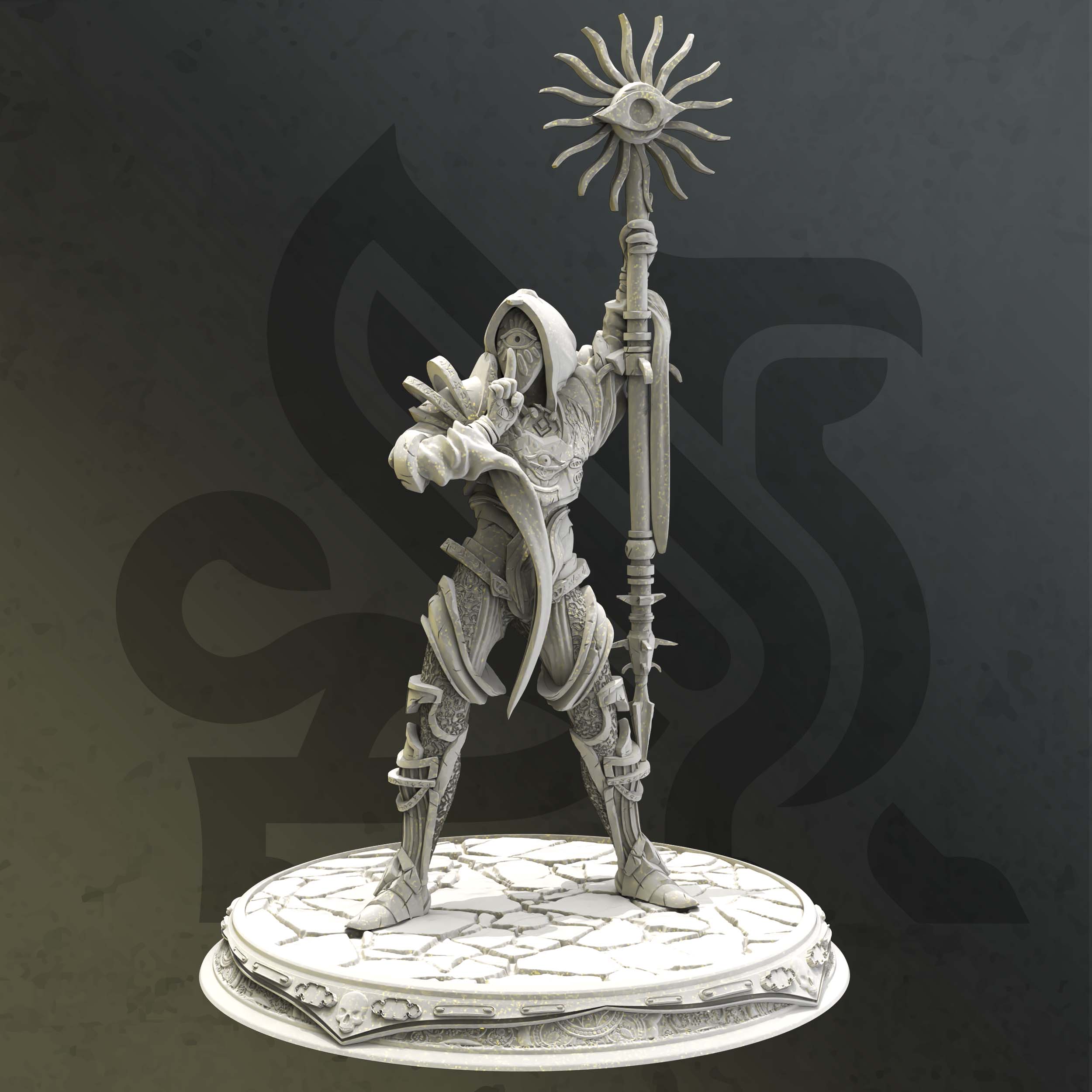 Unpainted resin miniature of Seroca, an elf/human sorcerer/wizard, on a round base