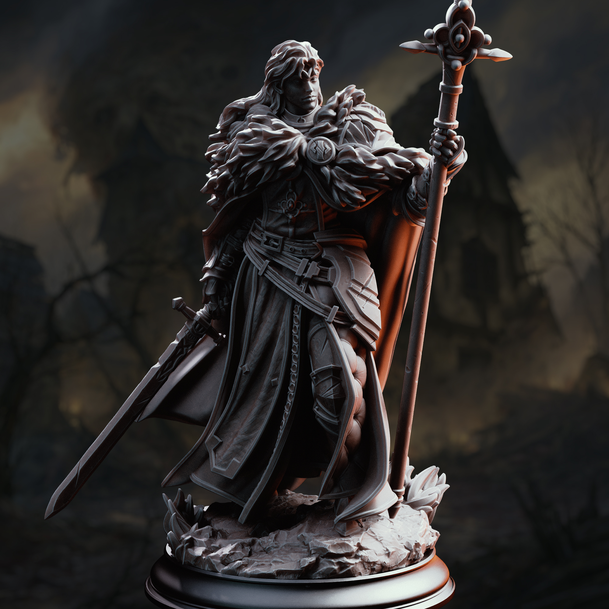Unpainted resin miniature of Silvia the Tearless, a human cleric/fighter, on a round base