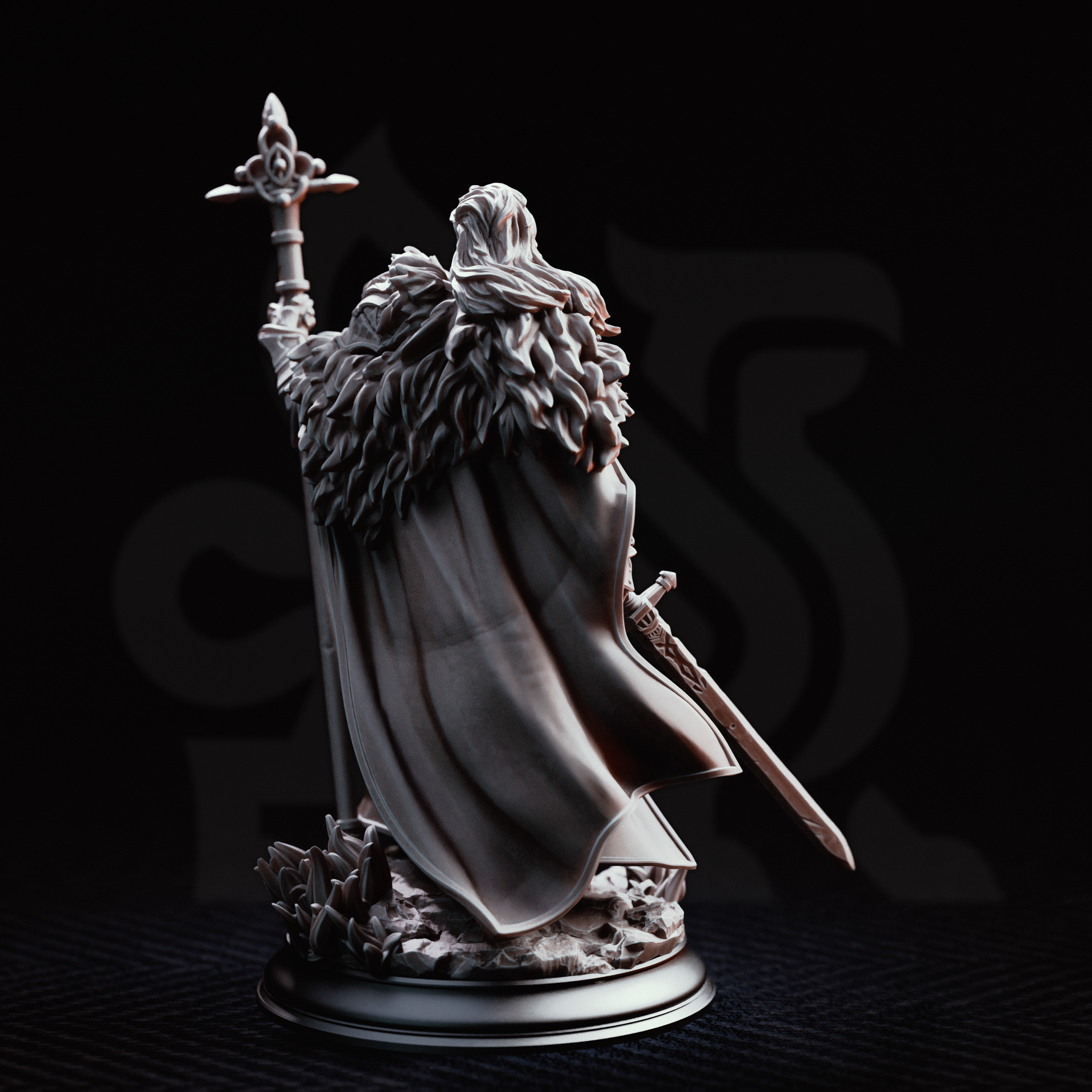 Unpainted resin miniature of Silvia the Tearless, a human cleric/fighter, on a round base — view 2 of 4