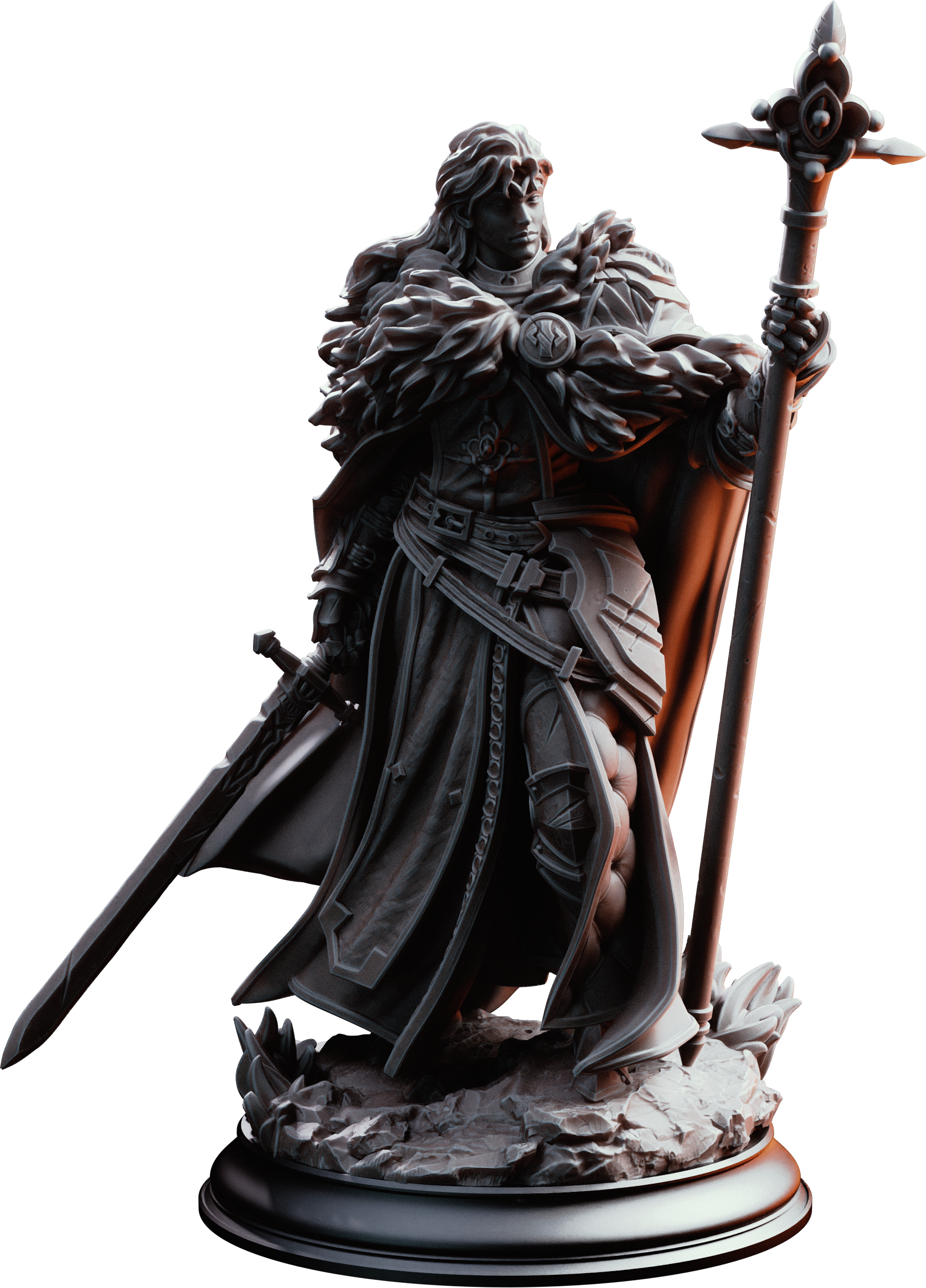 Unpainted resin miniature of Silvia the Tearless, a human cleric/fighter, on a round base — view 4 of 4