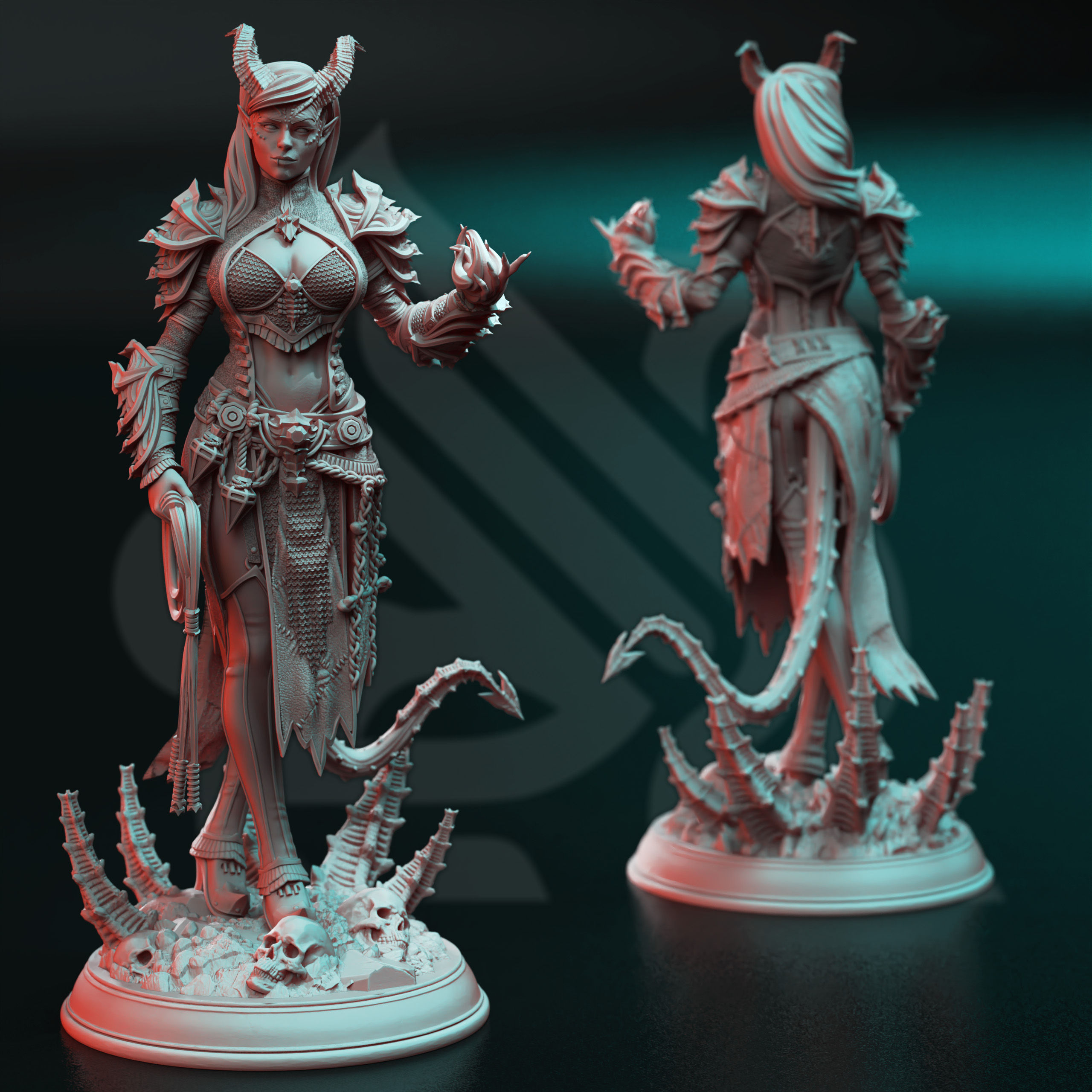 Unpainted resin miniature of Skardi of the Third, a tiefling warlock, on a round base