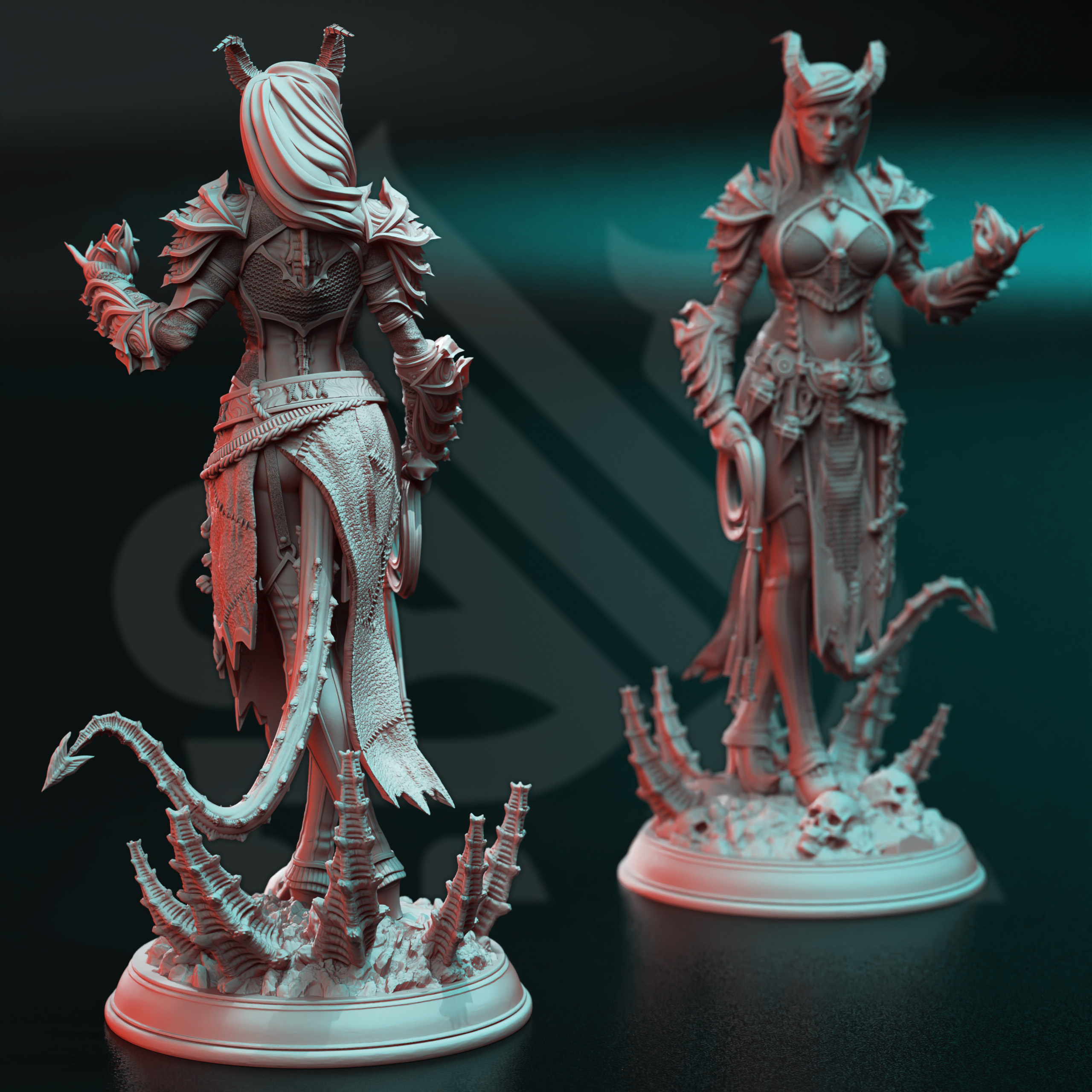 Unpainted resin miniature of Skardi of the Third, a tiefling warlock, on a round base — view 2 of 4