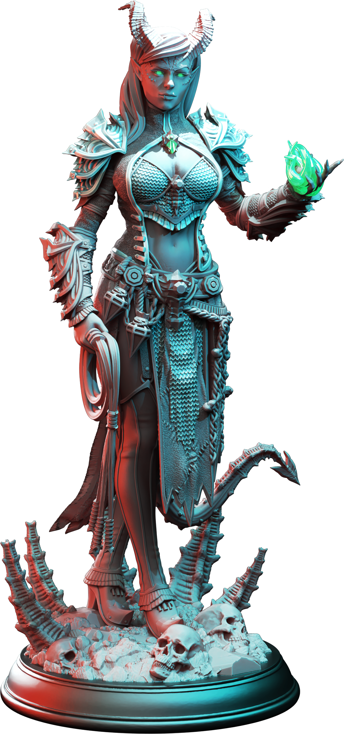 Unpainted resin miniature of Skardi of the Third, a tiefling warlock, on a round base — view 4 of 4