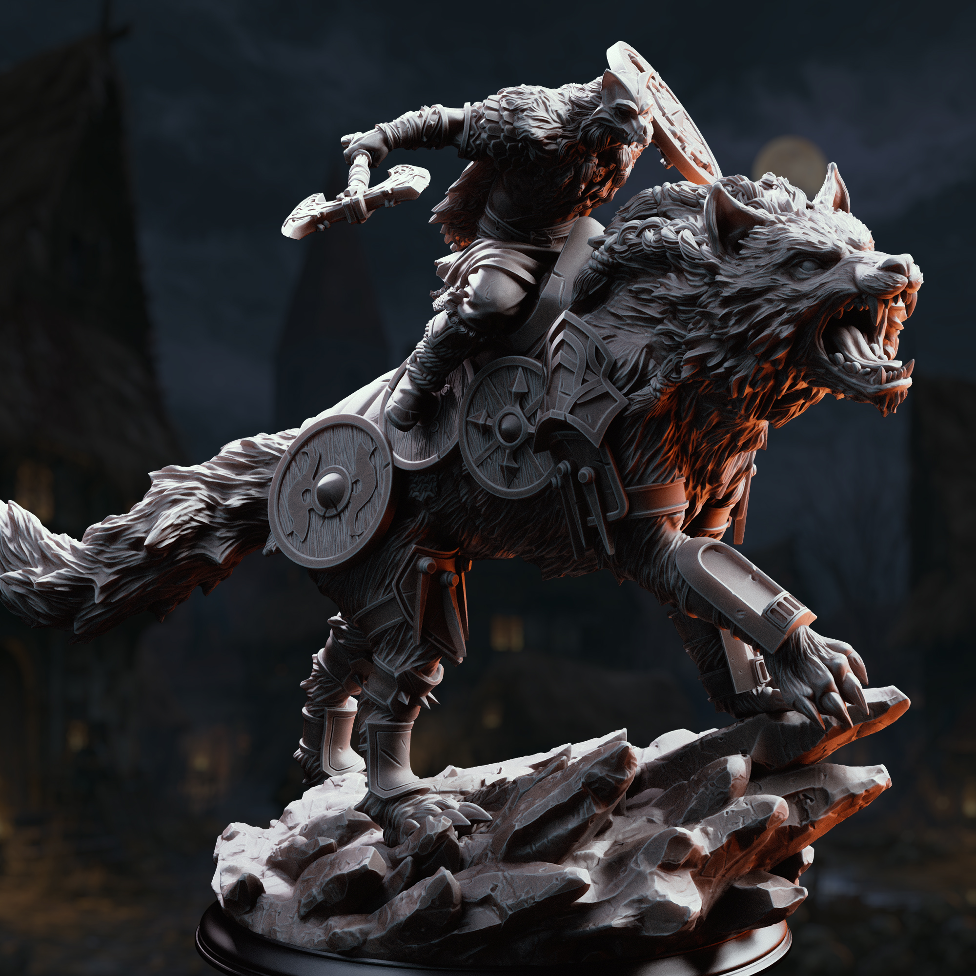 Unpainted resin miniature of Skjolnir & Haarn, a beast/human barbarian, on a round base
