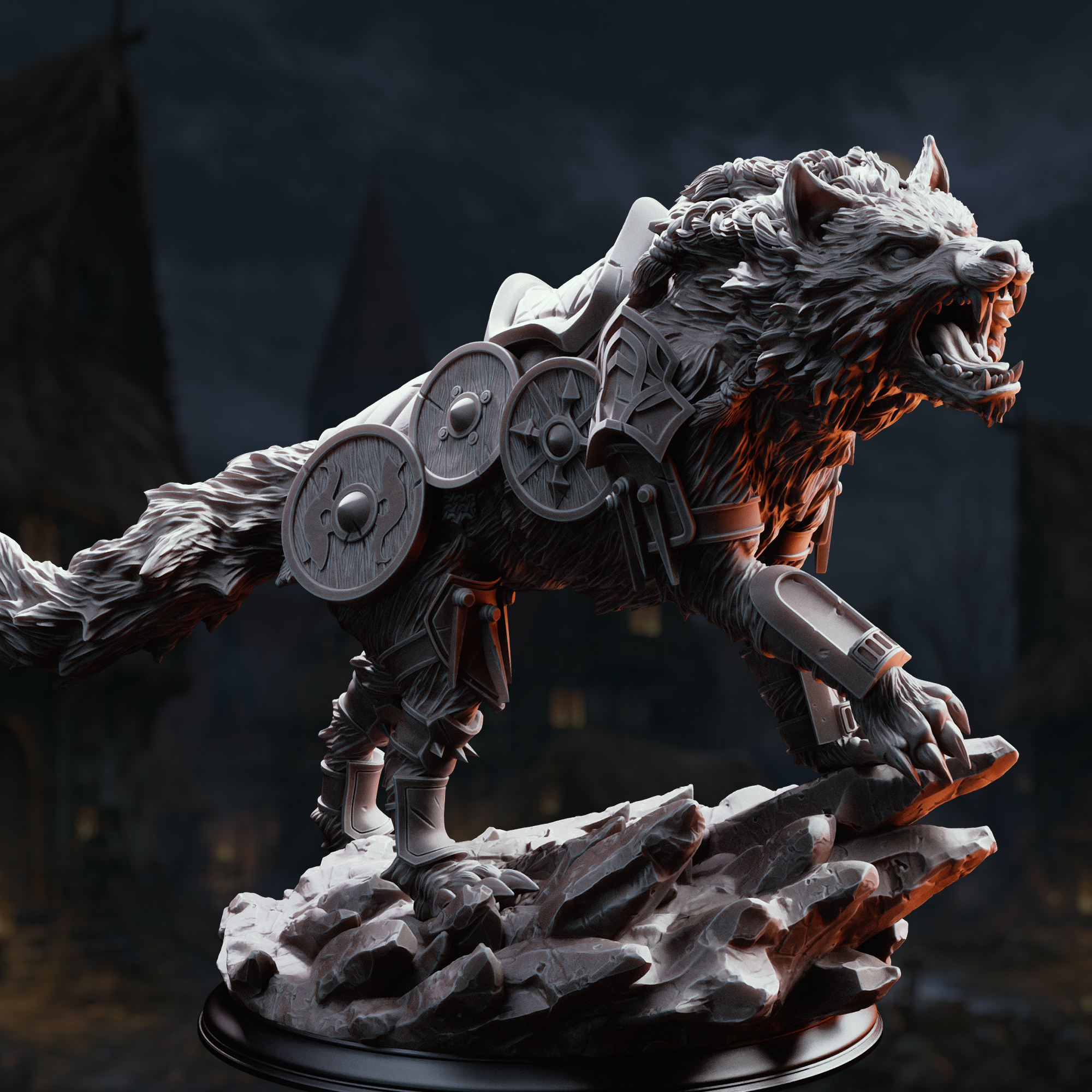 Unpainted resin miniature of Skjolnir & Haarn, a beast/human barbarian, on a round base — view 2 of 4