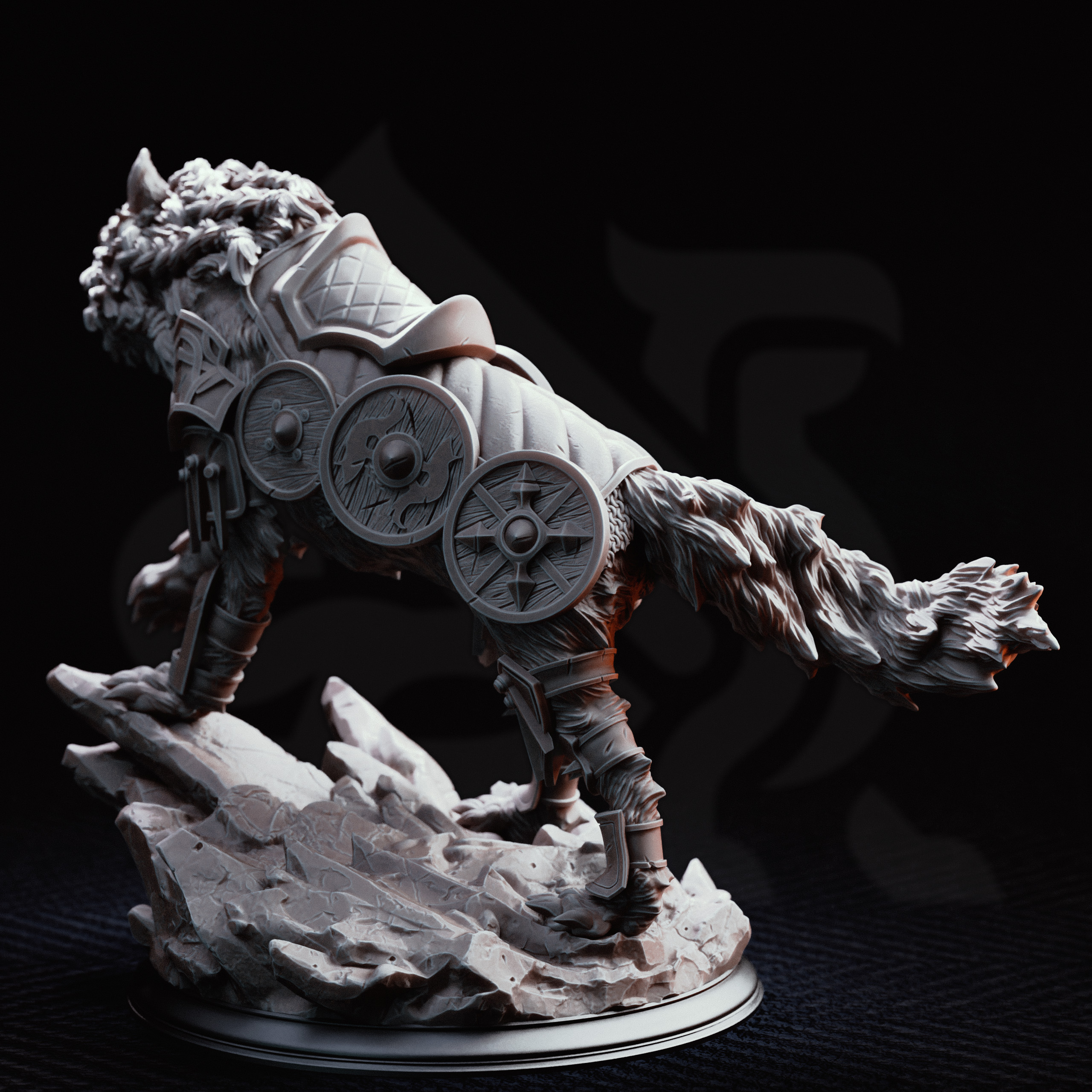 Unpainted resin miniature of Skjolnir & Haarn, a beast/human barbarian, on a round base — view 3 of 4