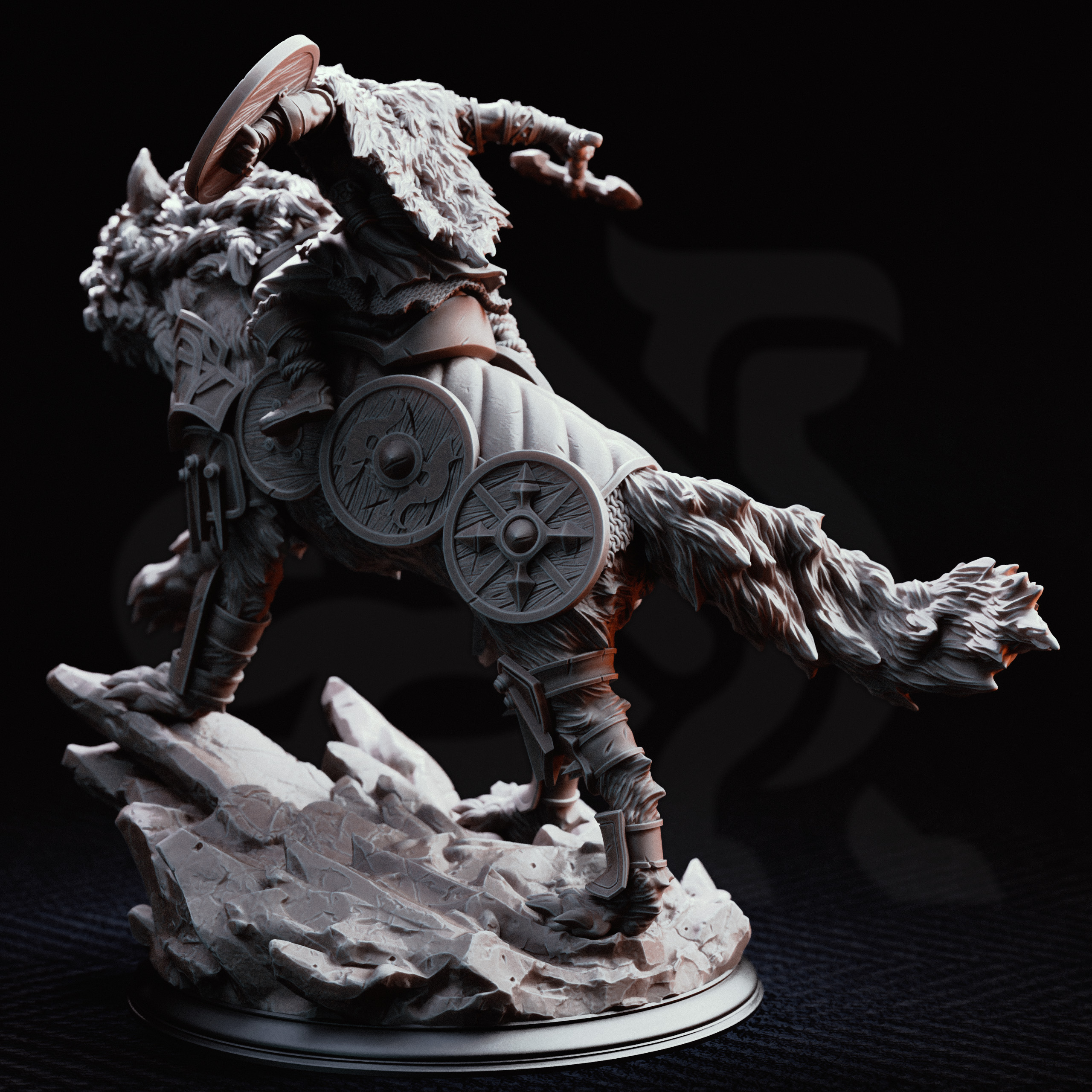 Unpainted resin miniature of Skjolnir & Haarn, a beast/human barbarian, on a round base — view 4 of 4