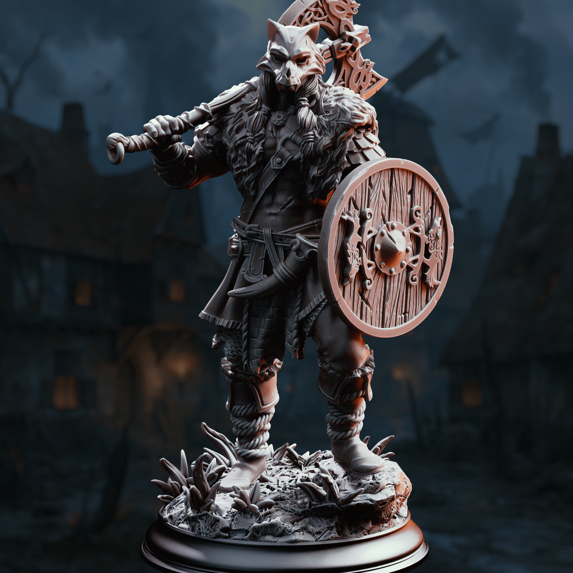 Unpainted resin miniature of Skjolnir Ulvar, a human barbarian, on a round base