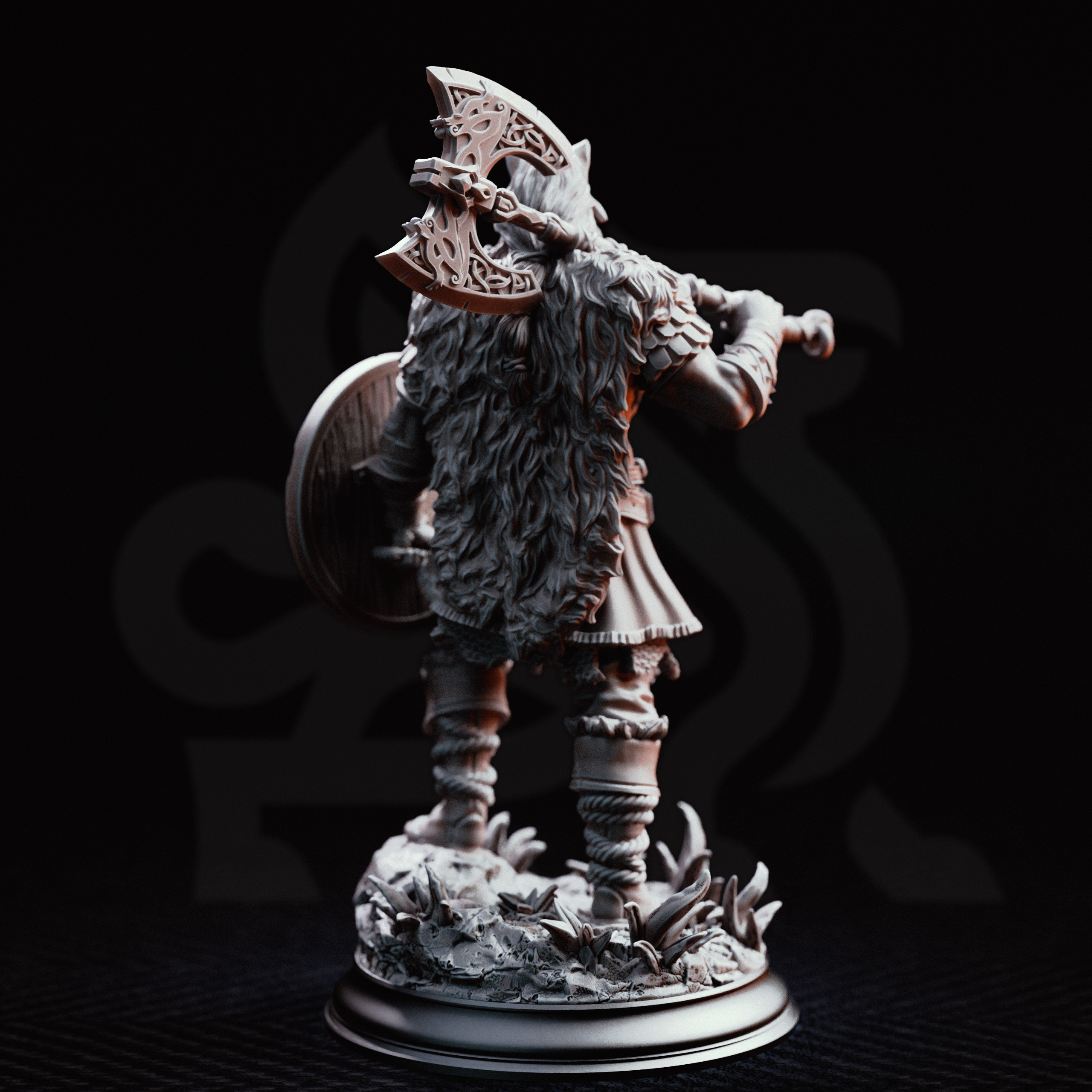 Unpainted resin miniature of Skjolnir Ulvar, a human barbarian, on a round base — view 3 of 4