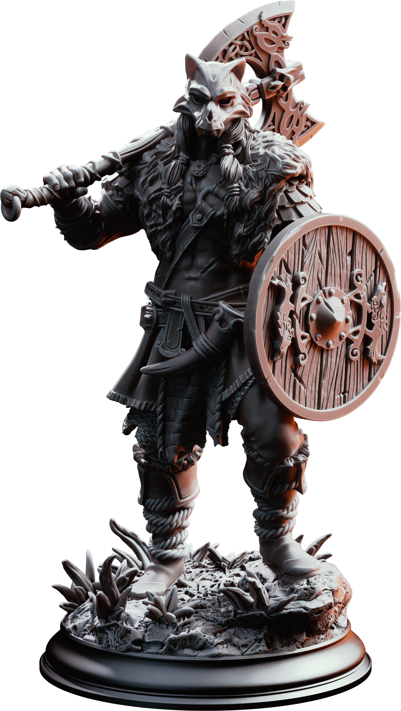 Unpainted resin miniature of Skjolnir Ulvar, a human barbarian, on a round base — view 4 of 4