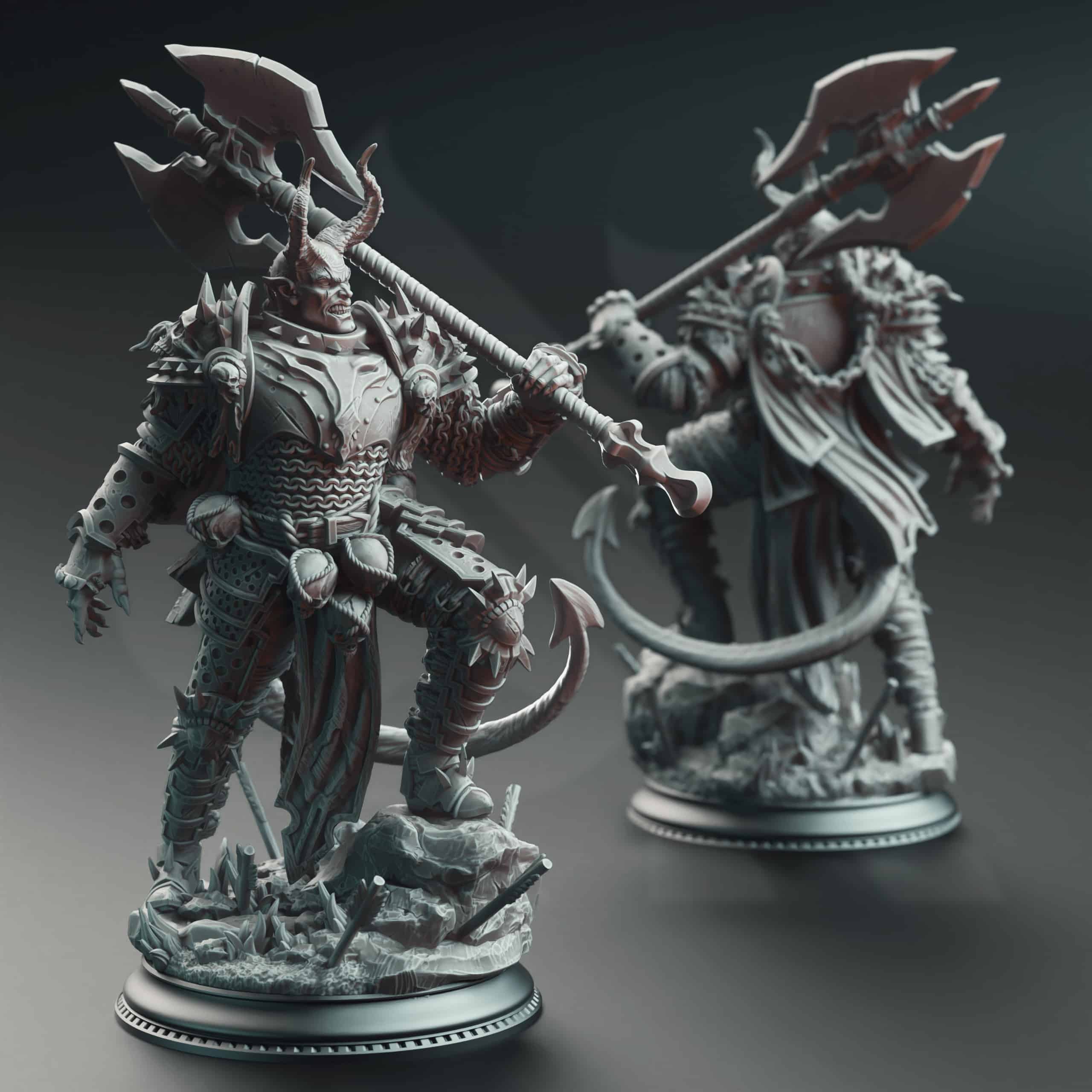Unpainted resin miniature of Skorn Skullsplitter, a tiefling barbarian/fighter, on a round base
