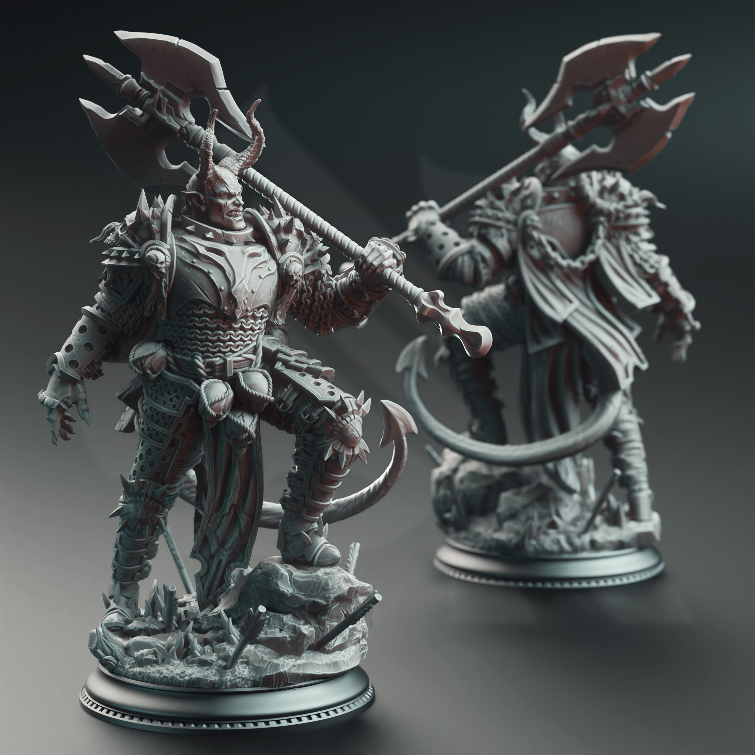 Unpainted resin miniature of Skorn Skullsplitter, a tiefling barbarian/fighter, on a round base — view 2 of 4