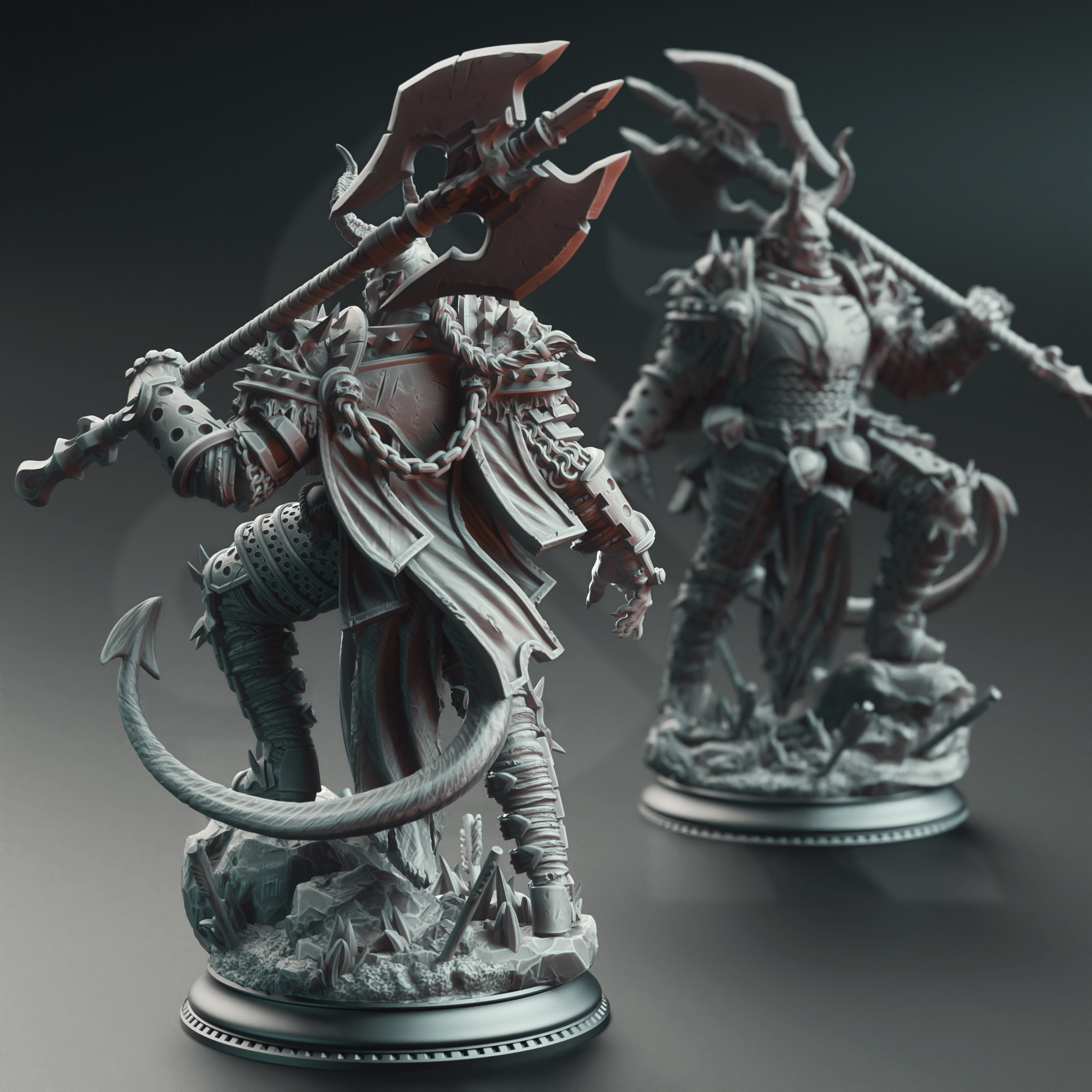 Unpainted resin miniature of Skorn Skullsplitter, a tiefling barbarian/fighter, on a round base — view 3 of 4