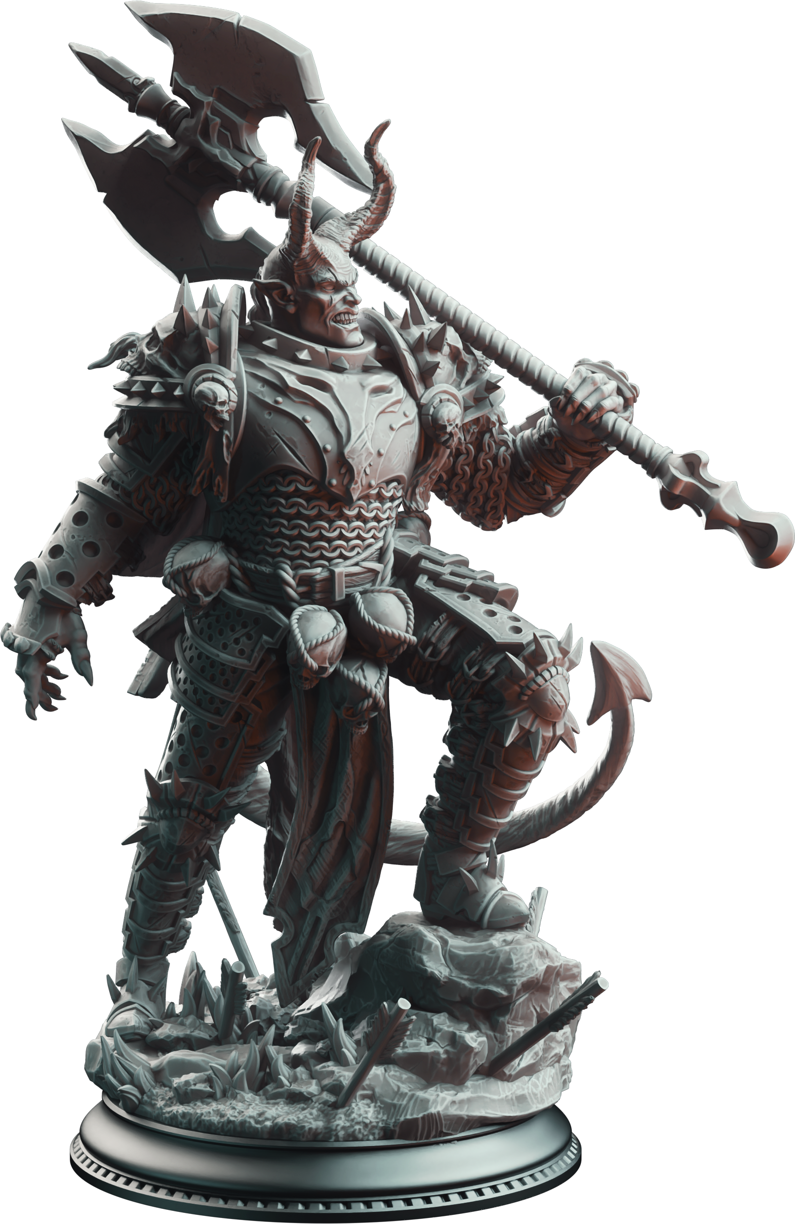 Unpainted resin miniature of Skorn Skullsplitter, a tiefling barbarian/fighter, on a round base — view 4 of 4