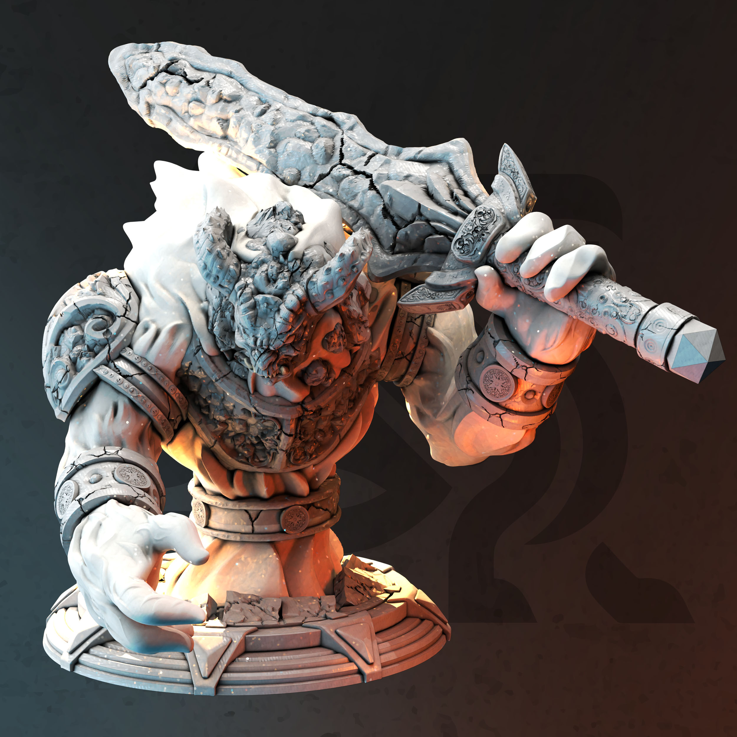 Unpainted resin miniature of Sorngaar, an elemental, on a round base