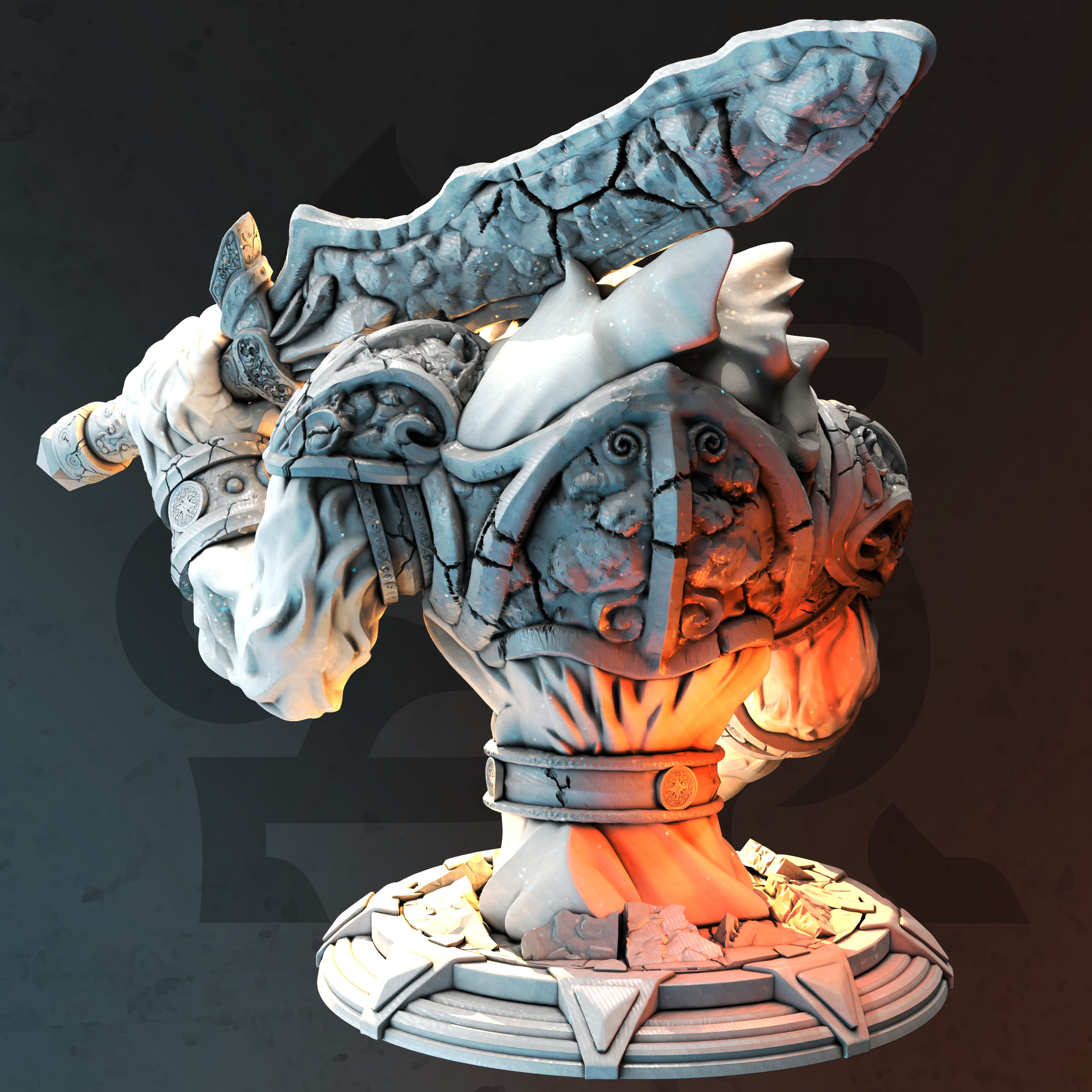 Unpainted resin miniature of Sorngaar, an elemental, on a round base — view 3 of 4