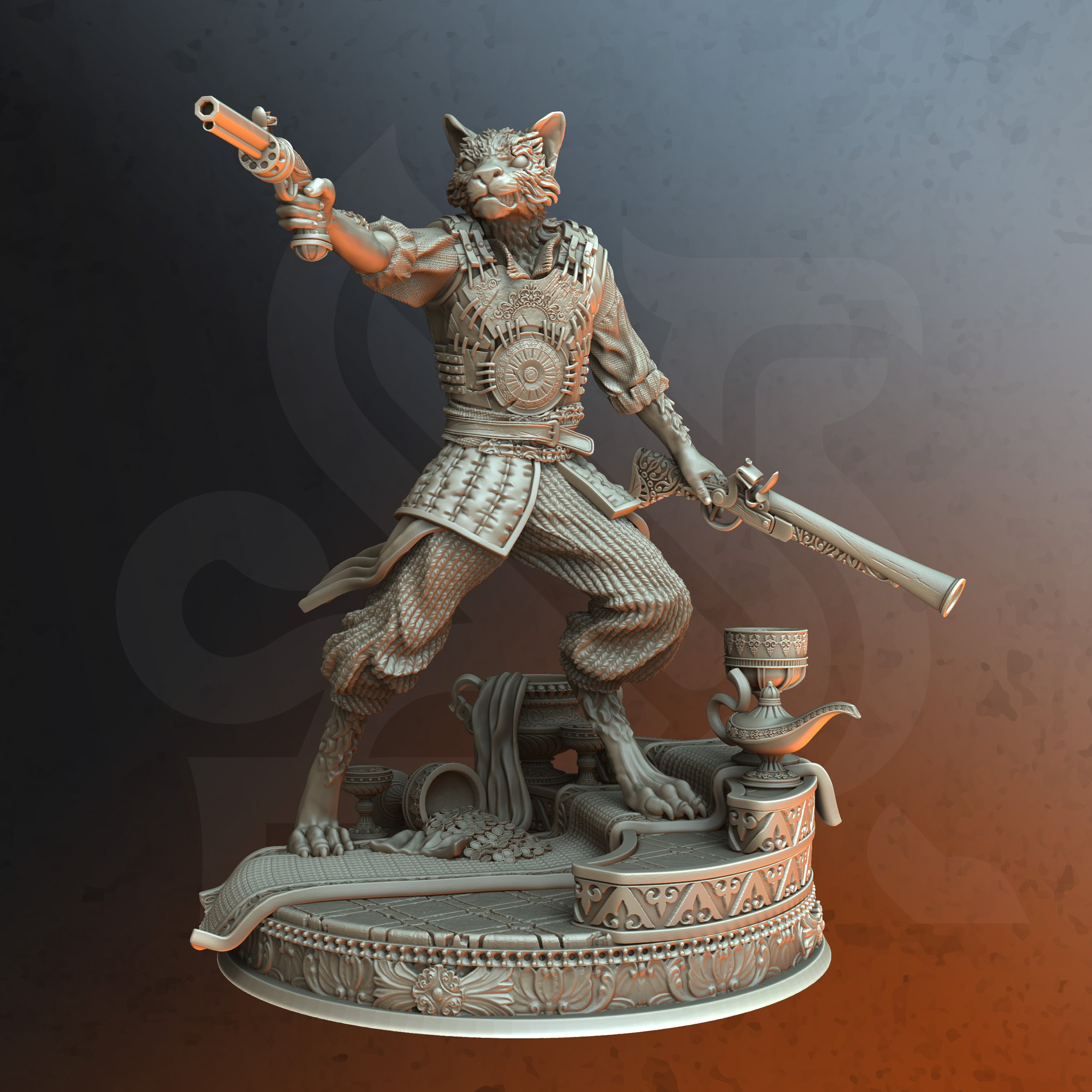 Unpainted resin miniature of Sultan’s Bodyguard, a beastfolk gunslinger, on a round base