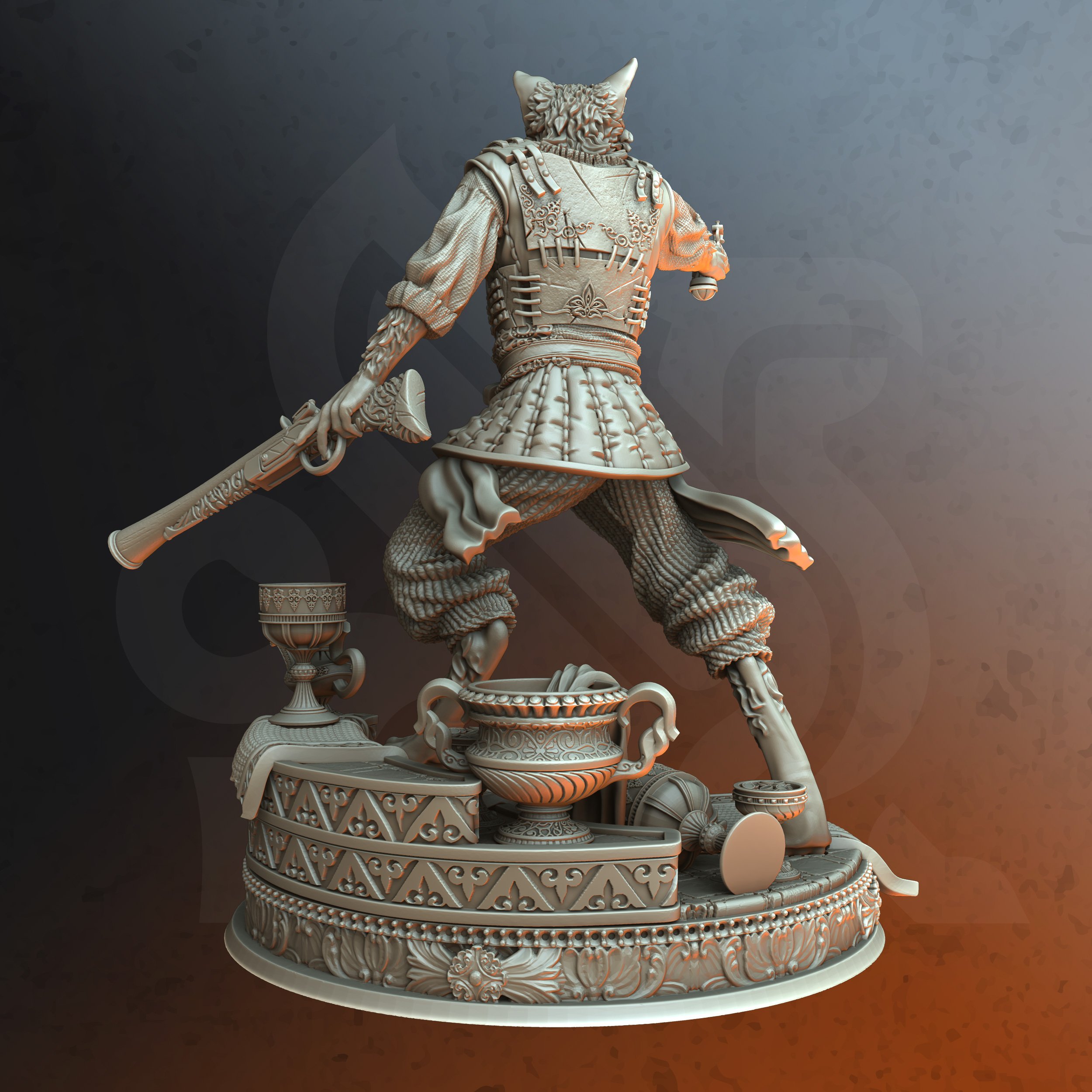 Unpainted resin miniature of Sultan’s Bodyguard, a beastfolk gunslinger, on a round base — view 2 of 2