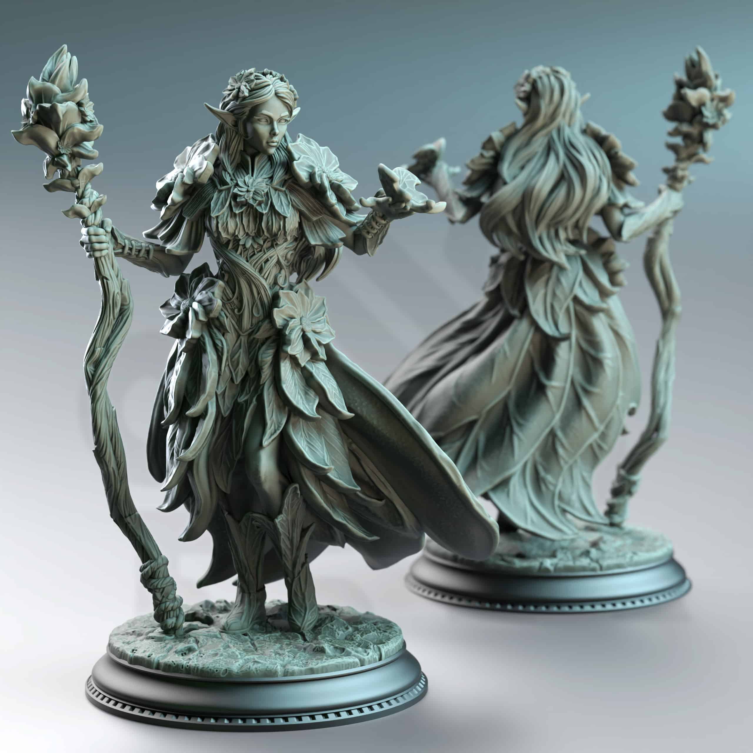 Unpainted resin miniature of Synoria the Noble Hearted, an elf/fey druid/sorcerer/wizard, on a round base