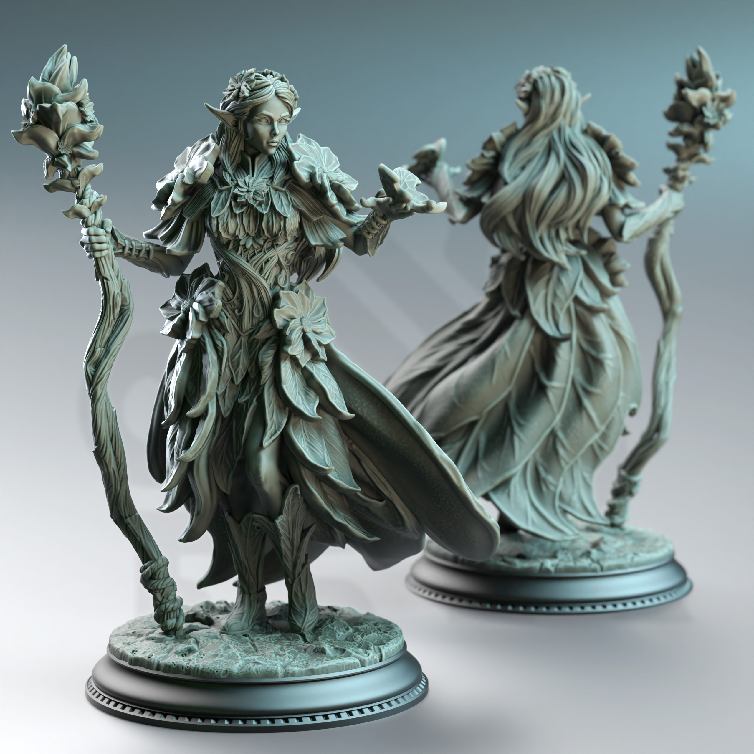 Unpainted resin miniature of Synoria the Noble Hearted, an elf/fey druid/sorcerer/wizard, on a round base — view 2 of 4