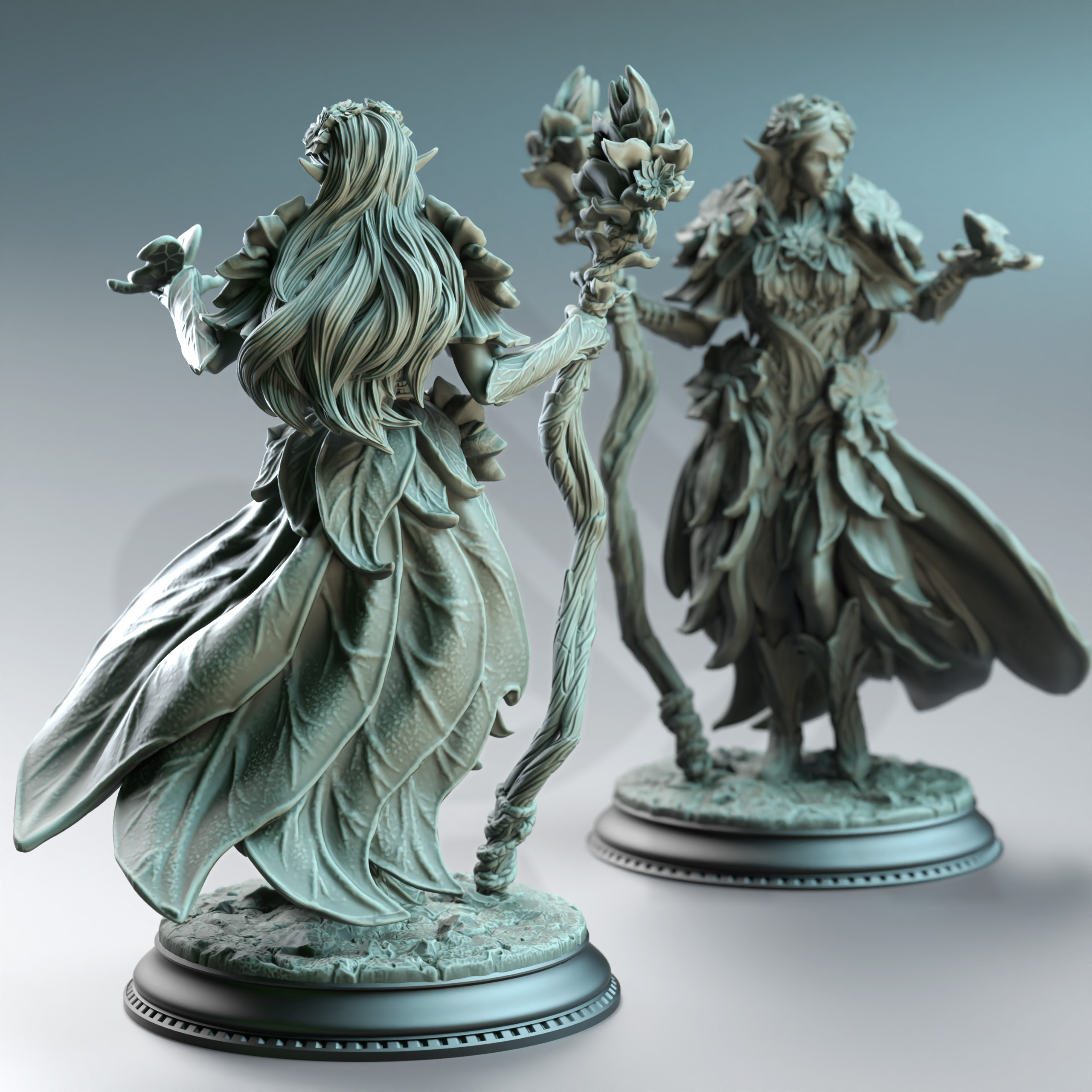 Unpainted resin miniature of Synoria the Noble Hearted, an elf/fey druid/sorcerer/wizard, on a round base — view 3 of 4