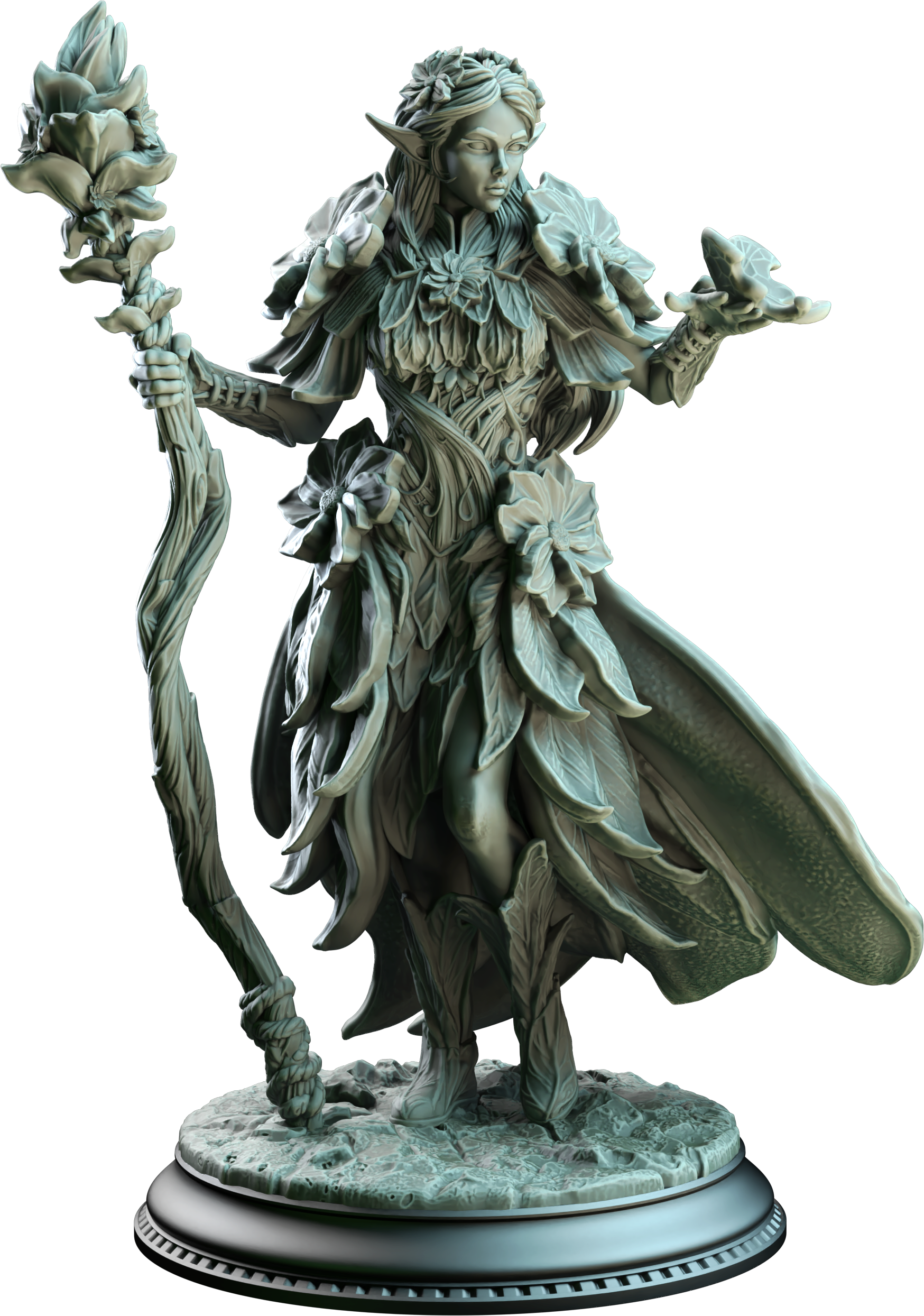 Unpainted resin miniature of Synoria the Noble Hearted, an elf/fey druid/sorcerer/wizard, on a round base — view 4 of 4