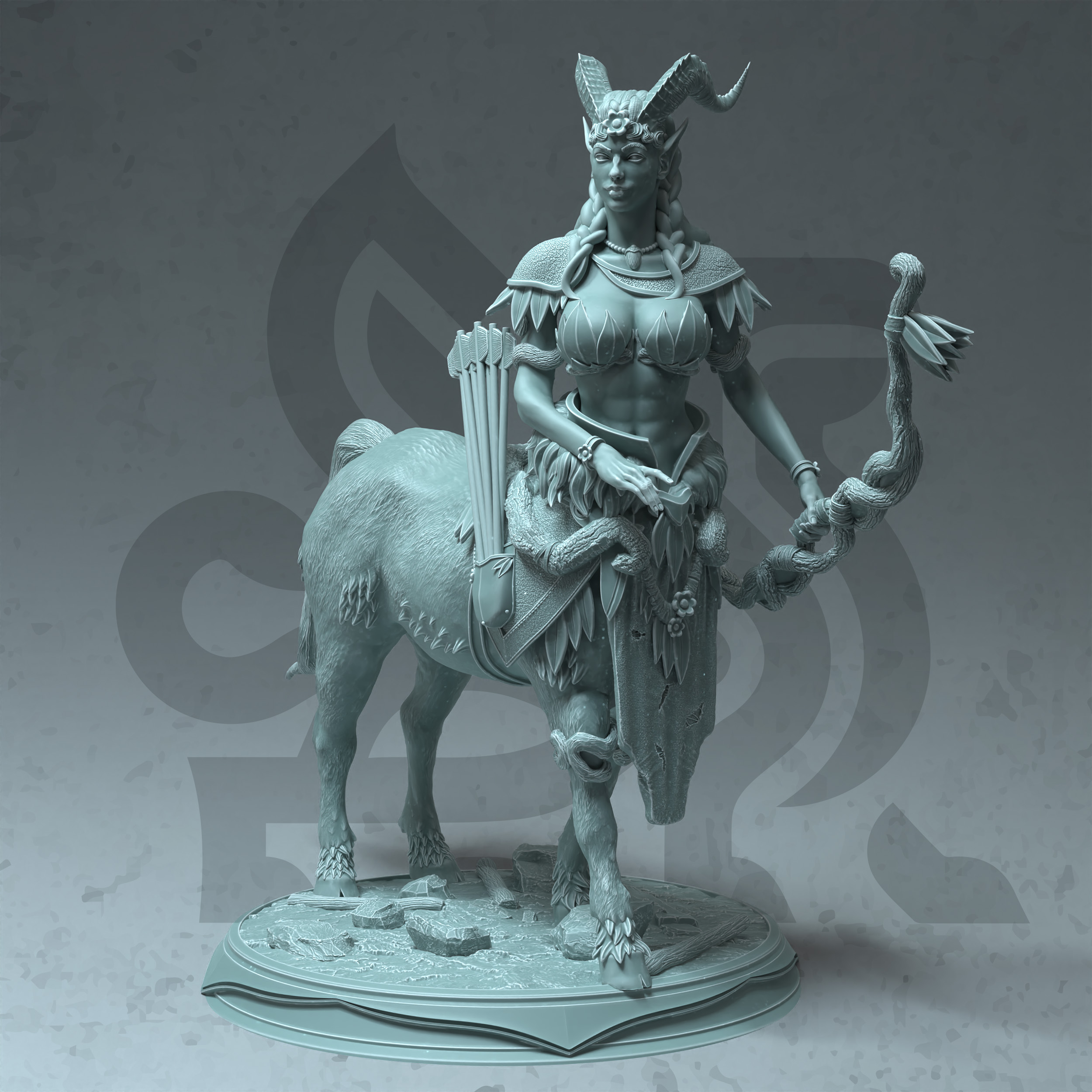 Unpainted resin miniature of Tanagor, a beastfolk/elf druid/ranger, on a round base