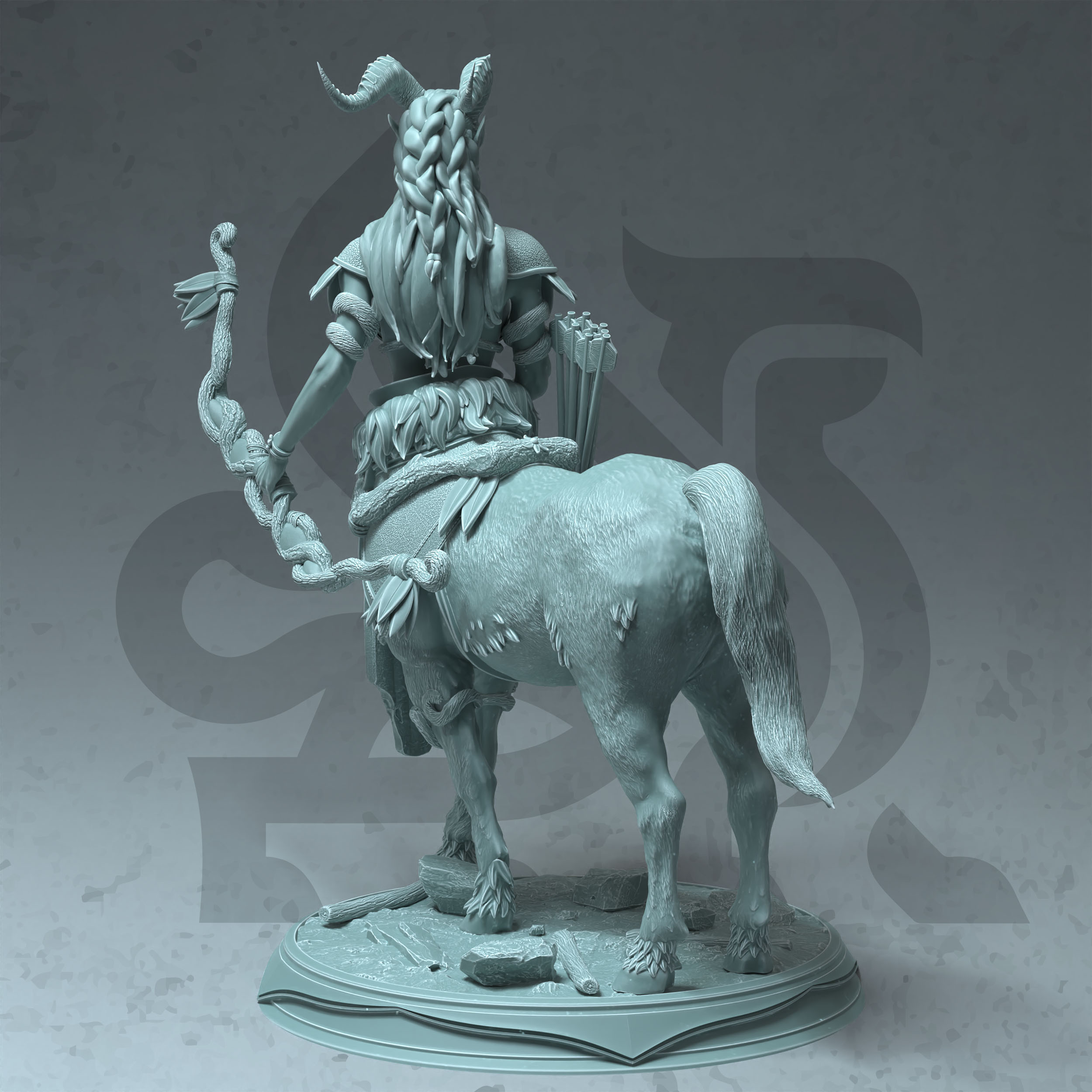 Unpainted resin miniature of Tanagor, a beastfolk/elf druid/ranger, on a round base — view 3 of 4