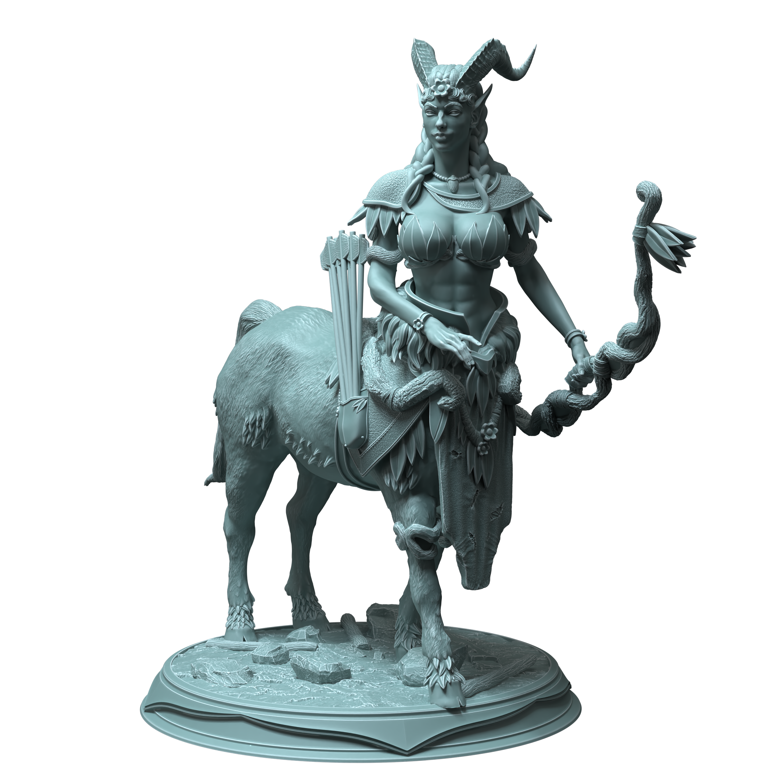 Unpainted resin miniature of Tanagor, a beastfolk/elf druid/ranger, on a round base — view 4 of 4