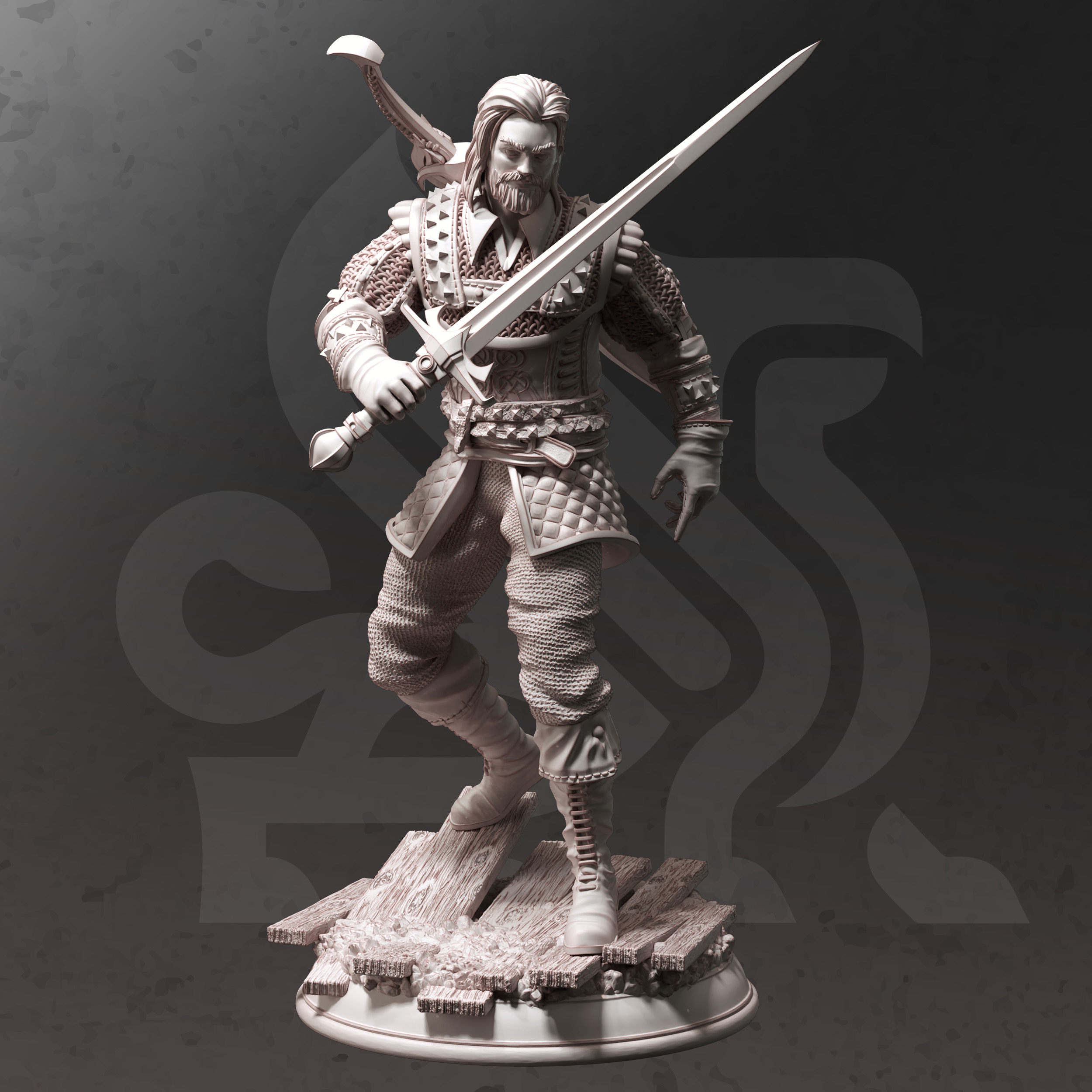 Unpainted resin miniature of Tarick Wolfheart, a human fighter/hex hunter, on a round base