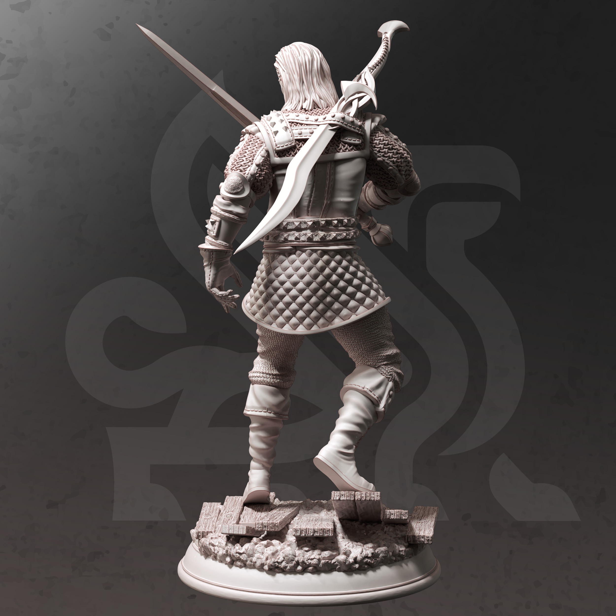 Unpainted resin miniature of Tarick Wolfheart, a human fighter/hex hunter, on a round base — view 2 of 4