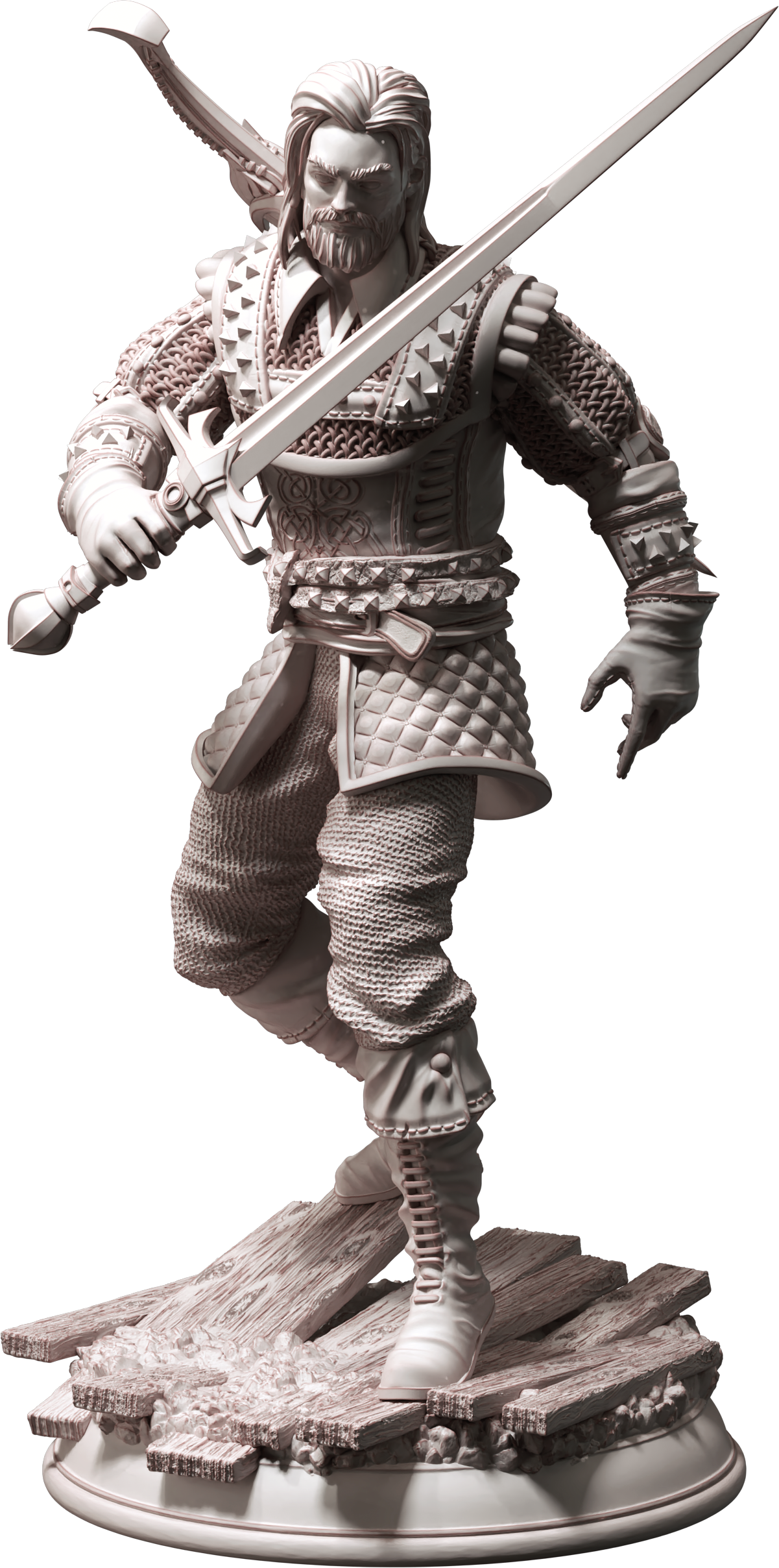 Unpainted resin miniature of Tarick Wolfheart, a human fighter/hex hunter, on a round base — view 4 of 4