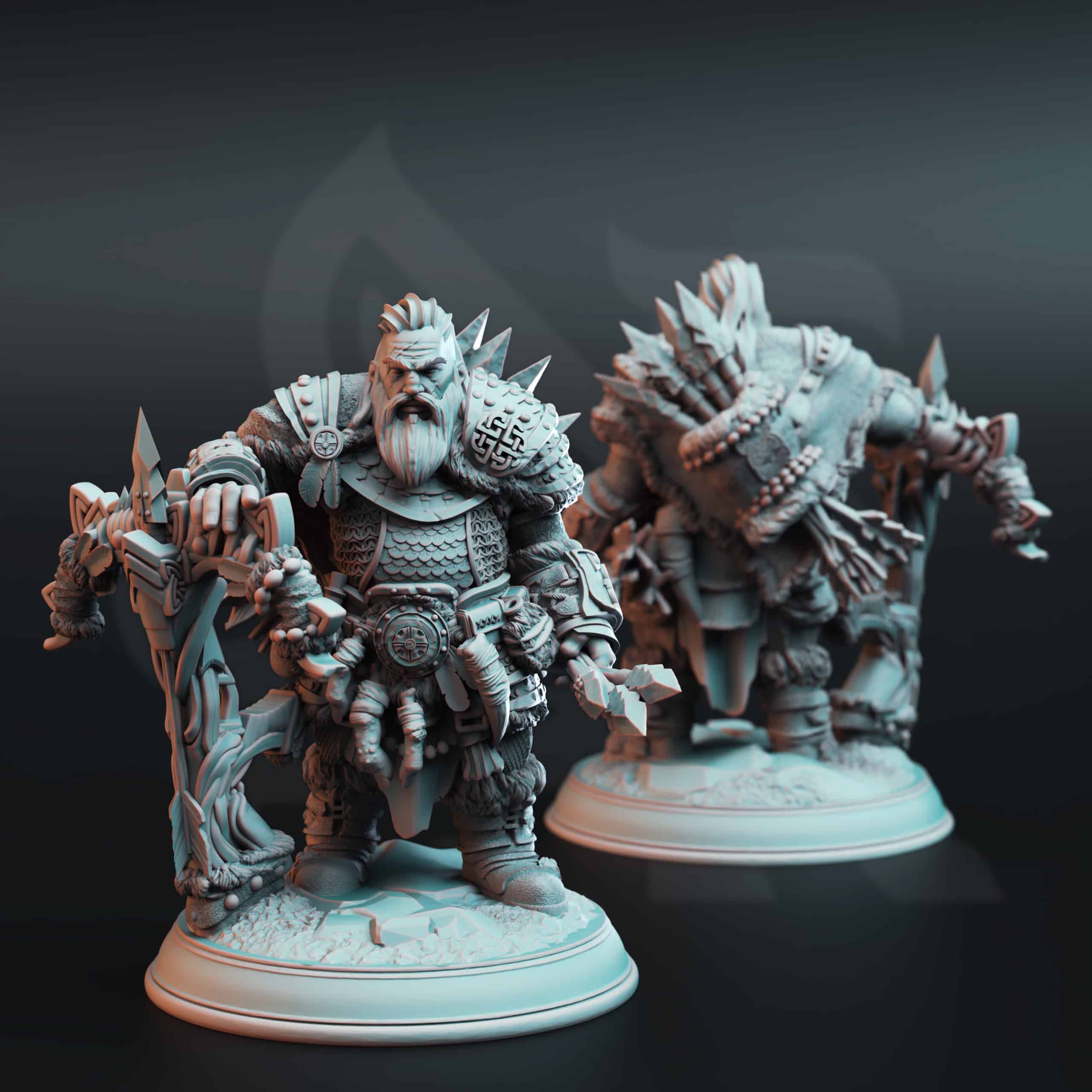 Unpainted resin miniature of Telnam Gnik, a dwarf ranger, on a round base