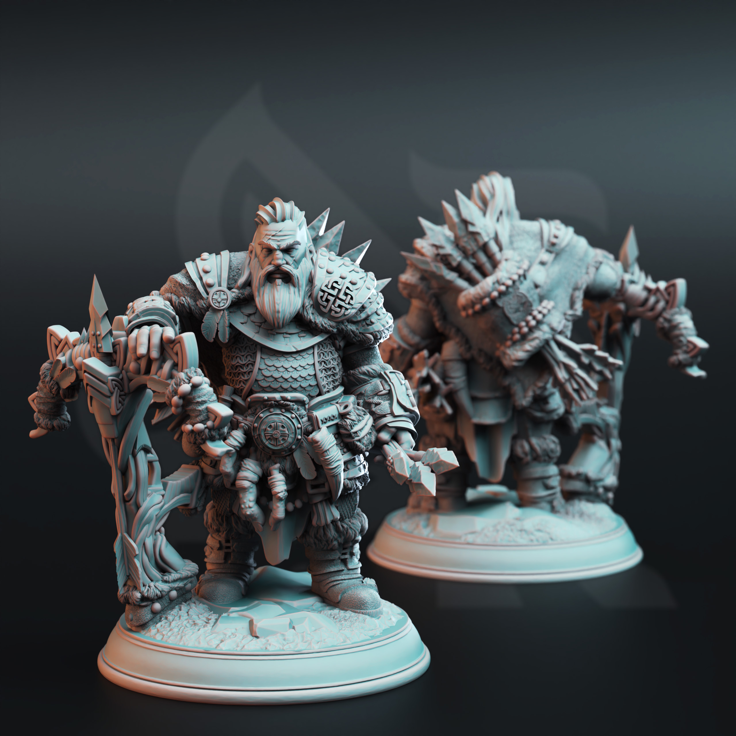 Unpainted resin miniature of Telnam Gnik, a dwarf ranger, on a round base — view 2 of 4