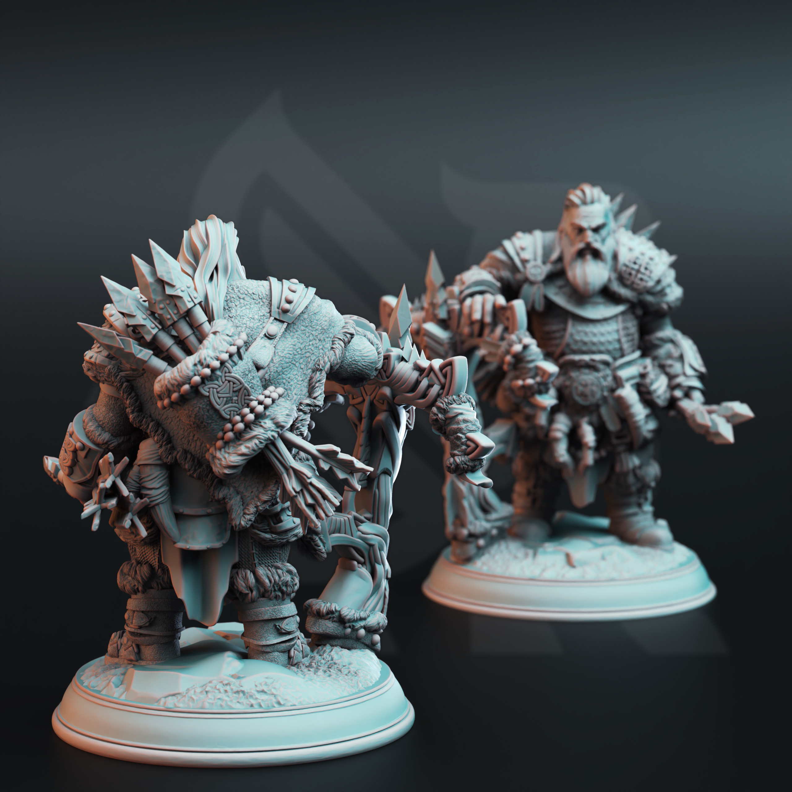 Unpainted resin miniature of Telnam Gnik, a dwarf ranger, on a round base — view 3 of 4