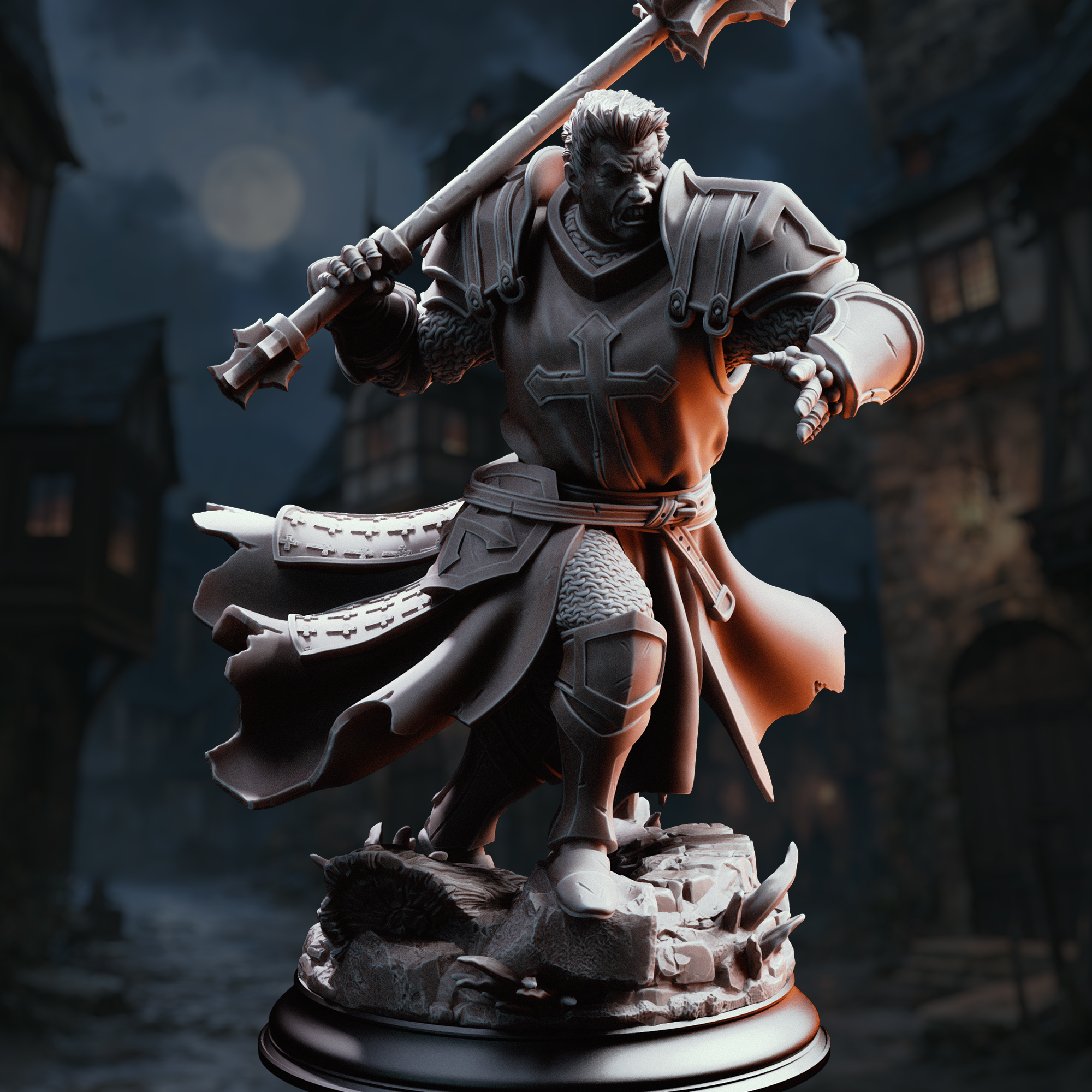 Unpainted resin miniature of Thaddeus the Fortress, a human cleric/fighter/paladin, on a round base