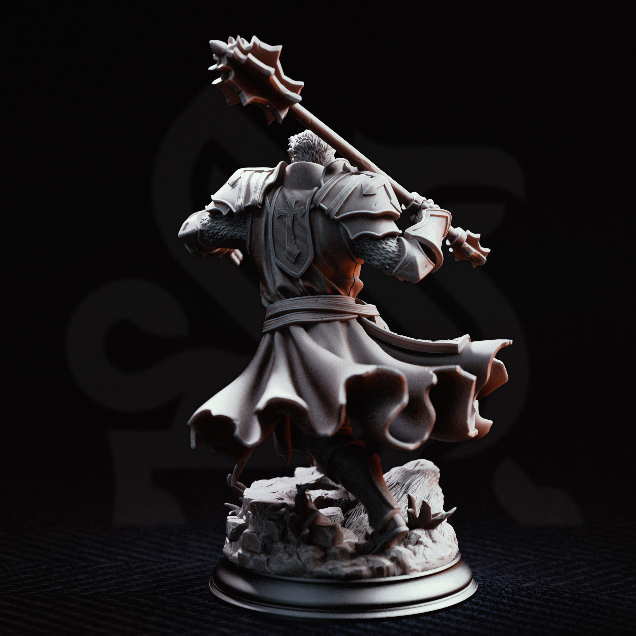 Unpainted resin miniature of Thaddeus the Fortress, a human cleric/fighter/paladin, on a round base — view 2 of 4